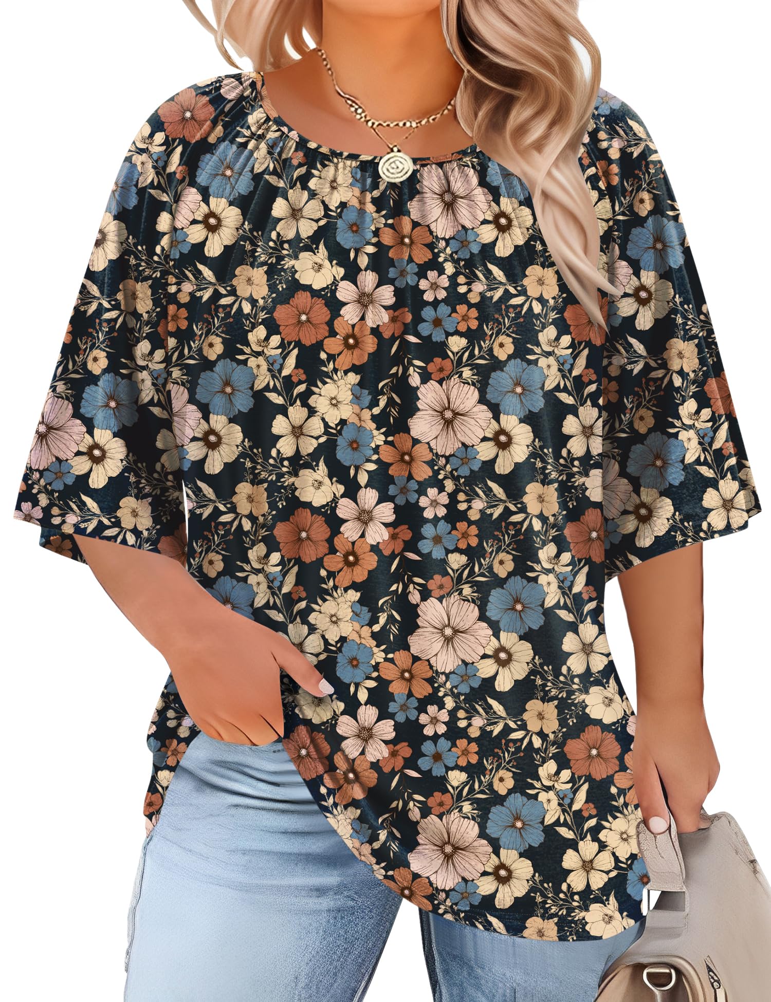 LOMON Womens Plus Size Tops Summer 3/4 Length Sleeve Crewneck Blouses Dressy Casual Loose Curvy Flowy Tunic Shirts 1X-5X