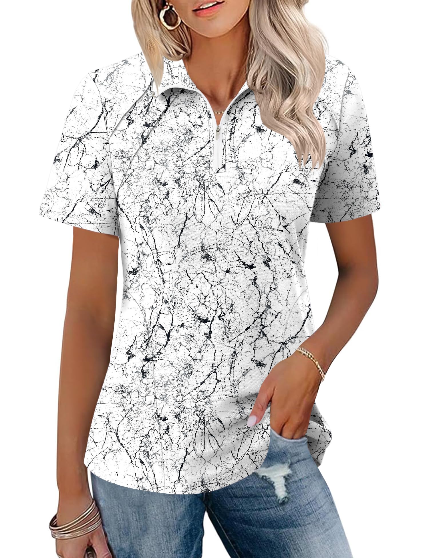 LOMON Womens Golf Polo Shirts Summer Short Sleeve 1/4 Zip Tops Moisture Wicking Casual Tennis Activewear with Pockets