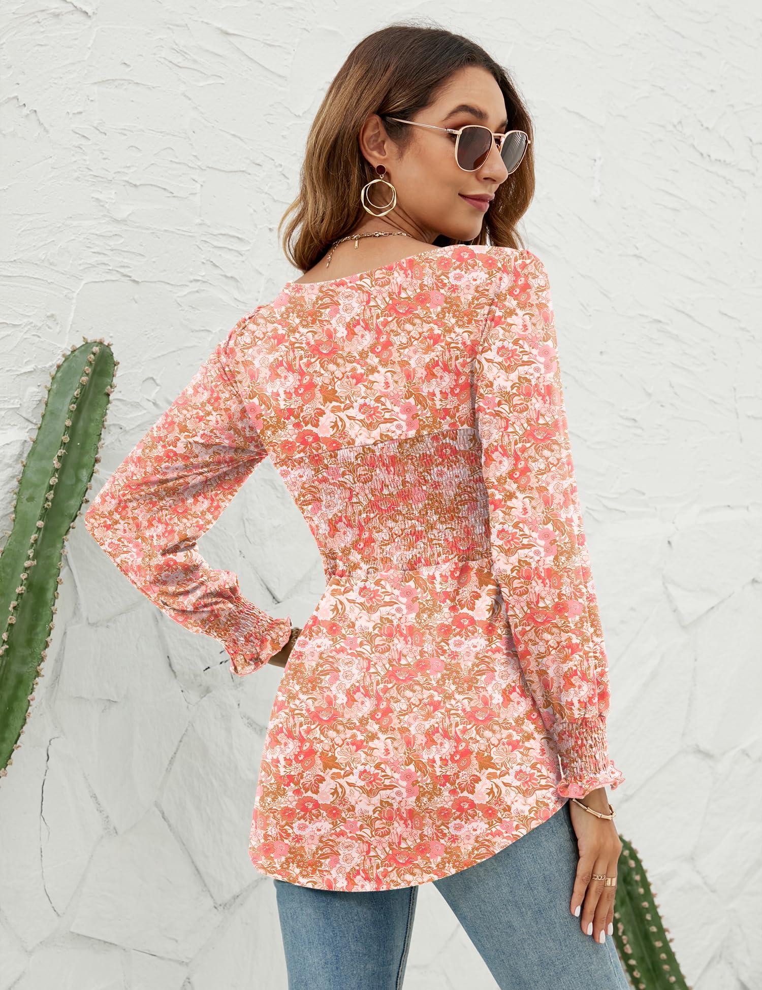 LOMON Blouses for Women Puff Long Sleeve Shirts Square Neck Casual Smocked Tunic Tops 2024 Spring Fall Winter Clothes S-XL