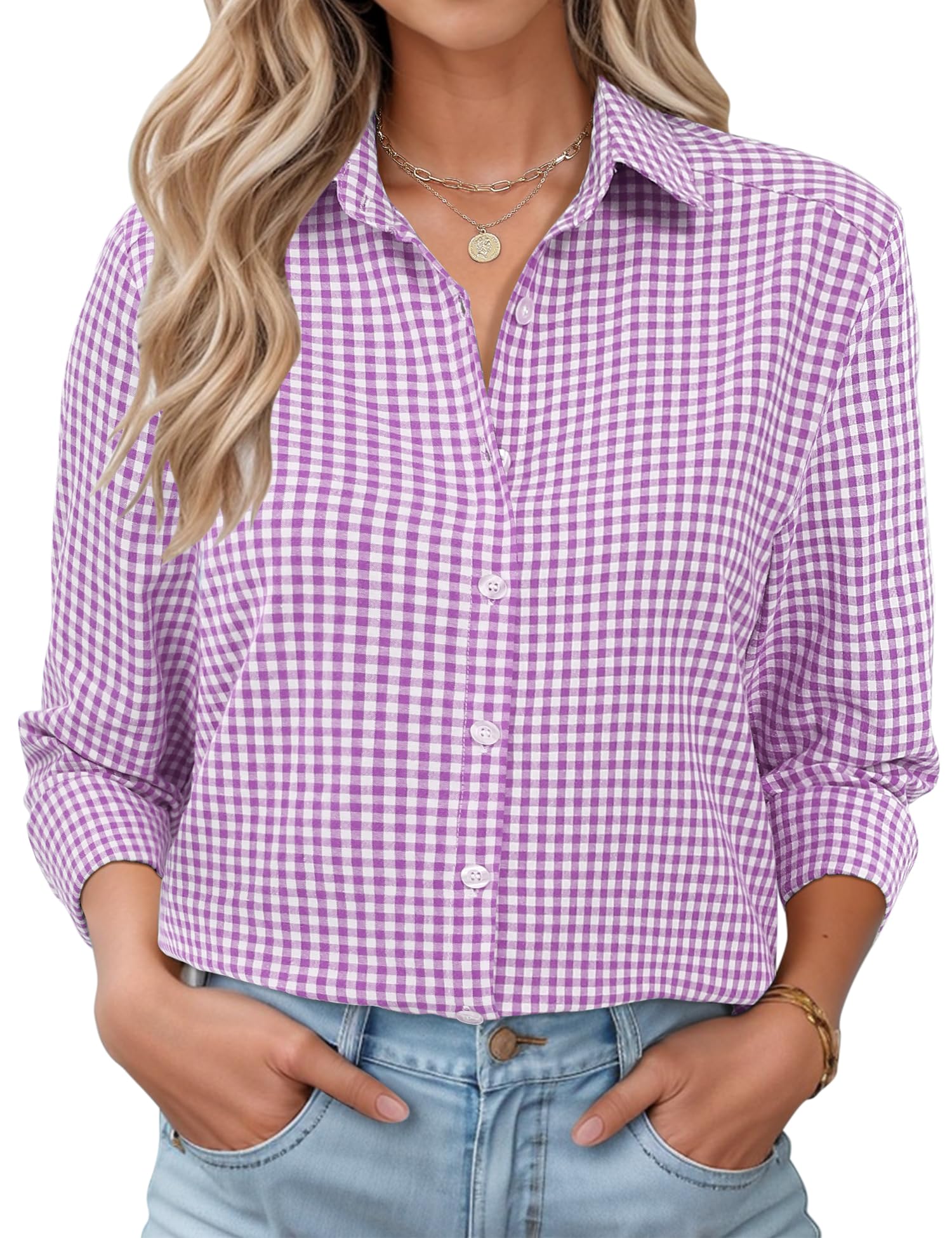 LOMON Womens Long Sleeve Button Down Shirts Casual Loose Fit Cotton Collared Blouses