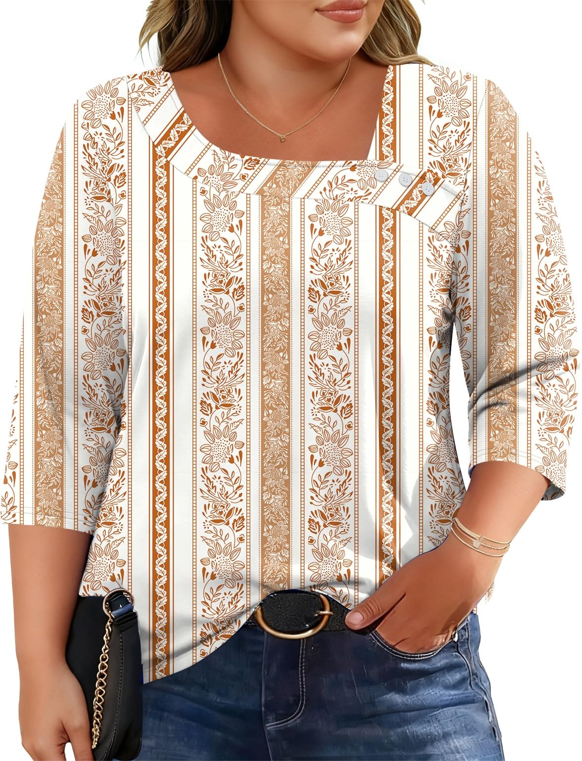 LOMON Womens Plus Size Tops 3/4 Length Sleeve T Shirts Asymmetrical Neck Blouses for Women Fashion 2026