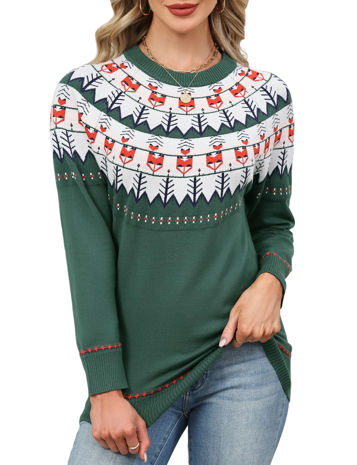 LOMON Womens Casual Lightweight Vintage Fair Isle Sweater Raglan Sleeve Crew Neck Knitted Pullover Comfy Warm Fall Tops