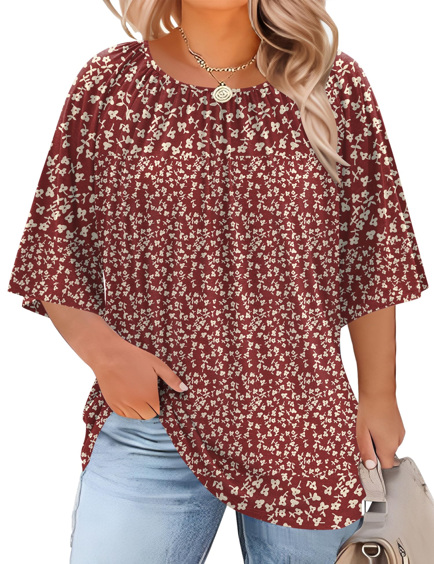 LOMON Womens Plus Size Tops Summer 3/4 Length Sleeve Crewneck Blouses Dressy Casual Loose Curvy Flowy Tunic Shirts 1X-5X