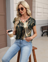 LOMON Women Silk Satin Tops Cap Short Sleeve Blouse V Neck Shirts Business Casual Outfits