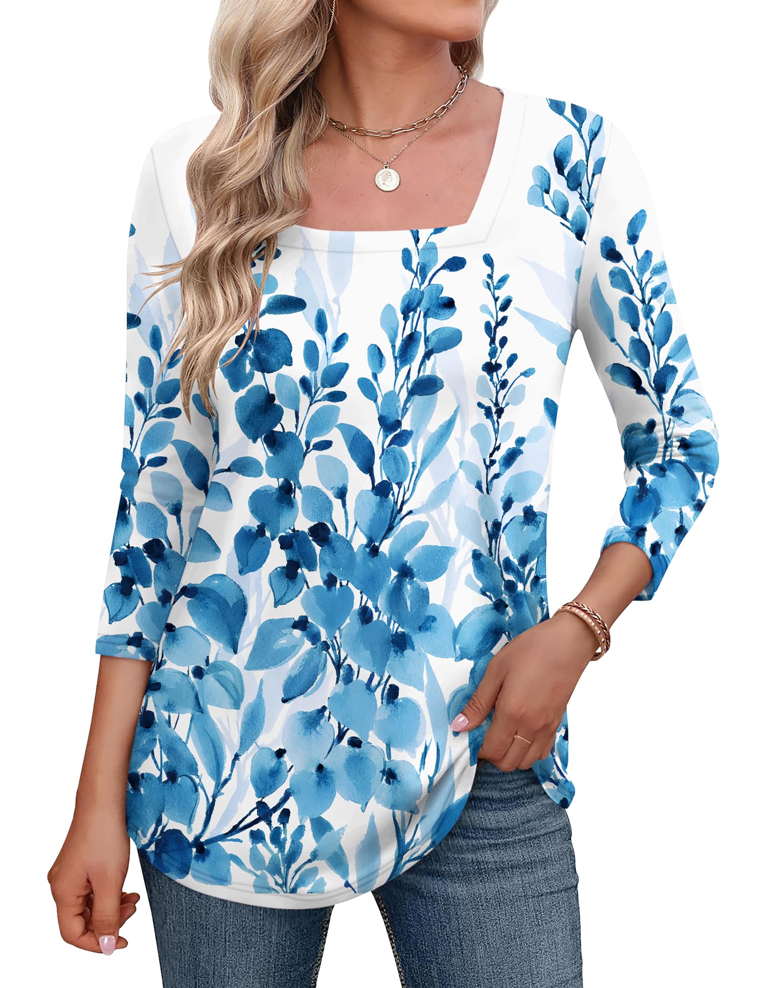 LOMON Women's 3/4 Sleeve Shirts Square Neck Summer Tops Dressy Casual Basic Tees Ladies T Shirts Blouses