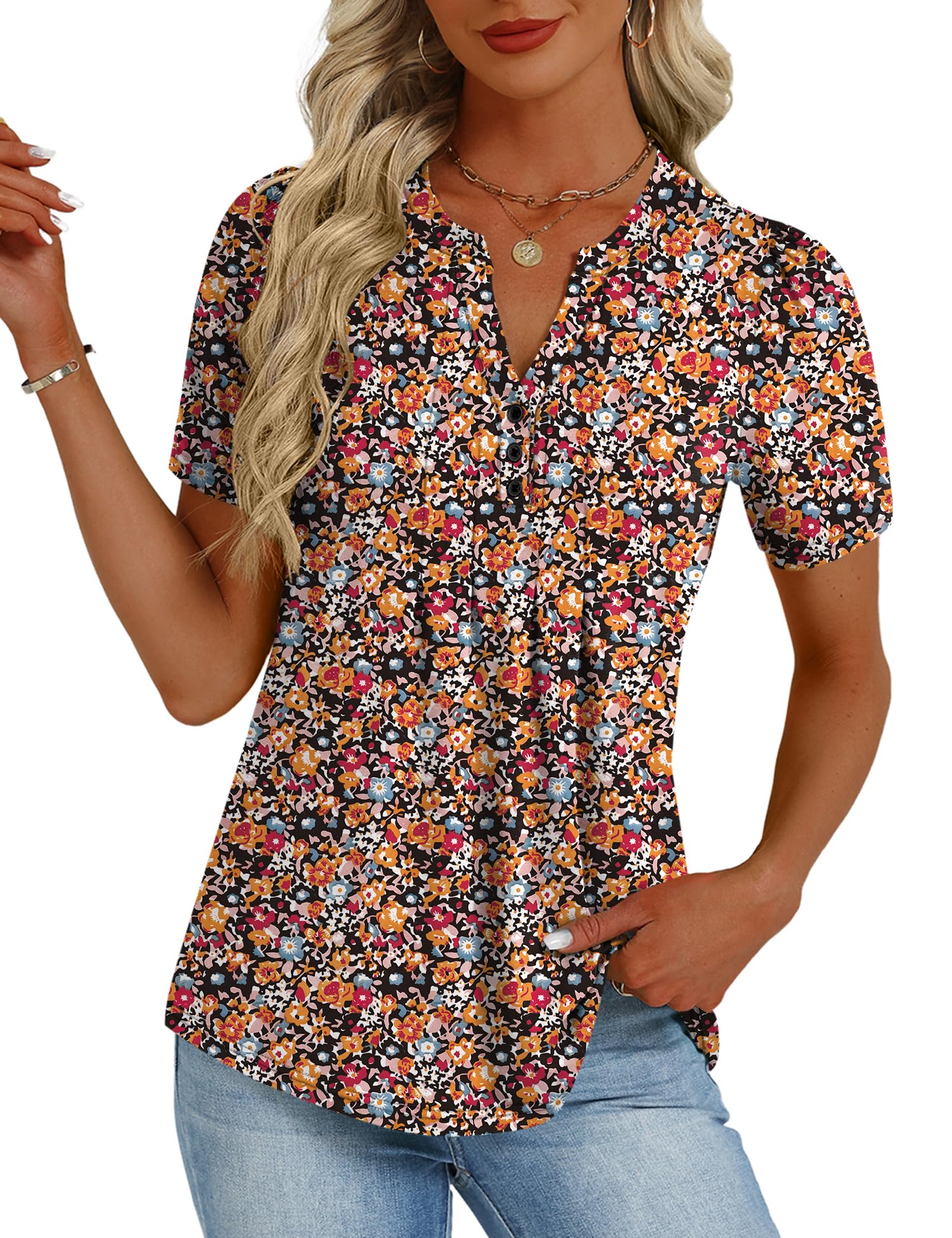 LOMON Womens Tops Dressy Casual V Neck Short Sleeve Shirts Summer Pleated Blouses Button Down Tunic Loose Fit
