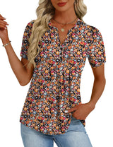 LOMON Womens Tops Dressy Casual V Neck Short Sleeve Shirts Summer Pleated Blouses Button Down Tunic Loose Fit