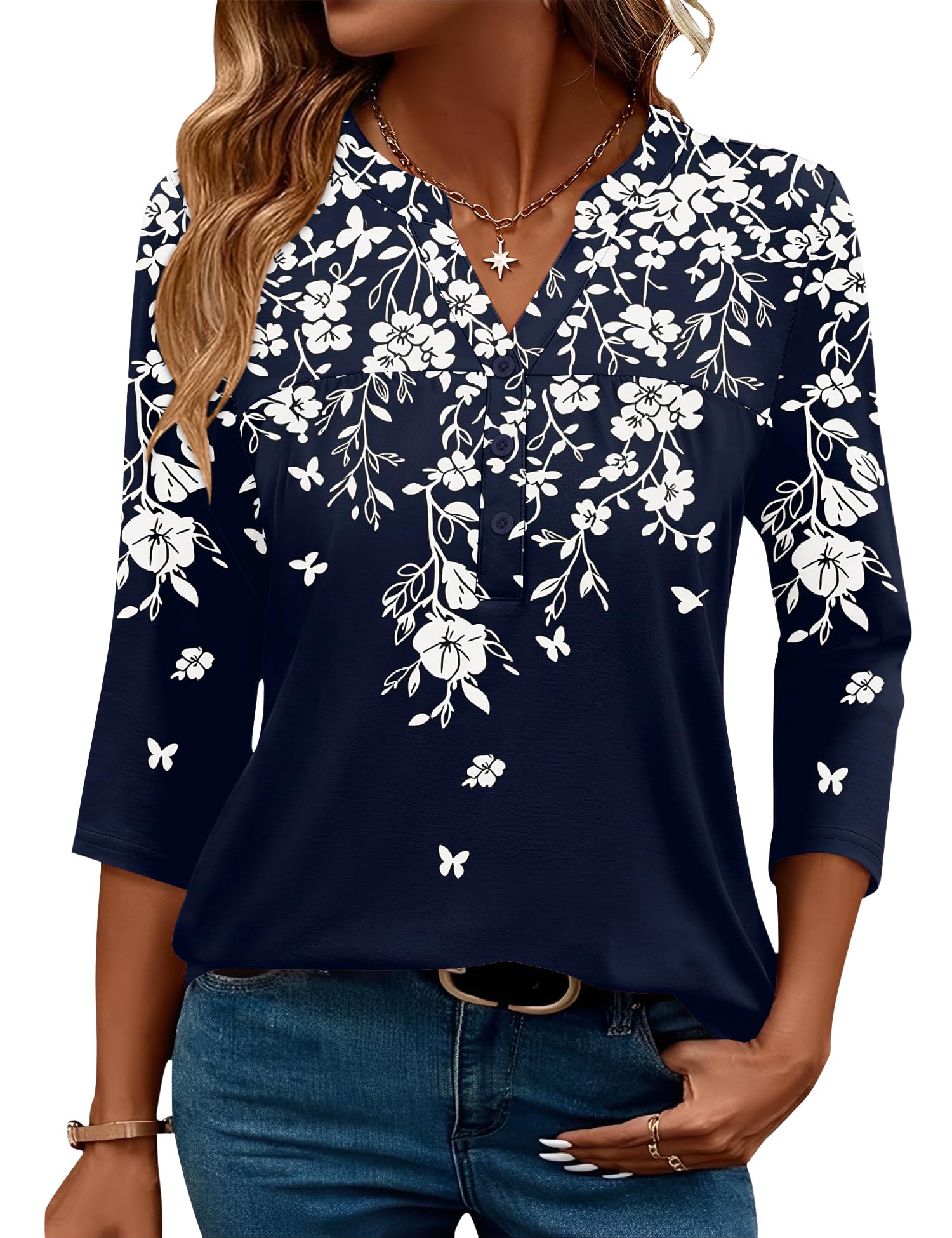 LOMON Womens Tops 3/4 Sleeve Botton Down Shirts Casual V Neck Tunic Blouses Pleated Fashion Summer Tees 2026 Trendy S-3XL