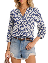 LOMON Womens Tops Dressy Summer 3/4 Length Sleeve Henley V Neck Button Down Shirts Pleated Blouses S-XXL