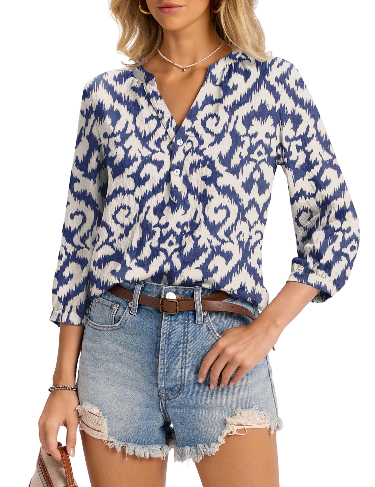 LOMON Womens Tops Dressy Summer 3/4 Length Sleeve Henley V Neck Button Down Shirts Pleated Blouses S-XXL