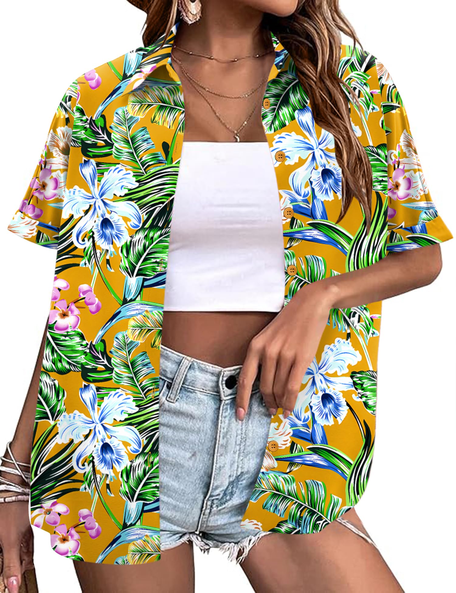 LOMON Women's Summer Hawaiian Shirts Floral Short Sleeve Button Down Shirts Hawaii Tropical Beach Tops Outfits