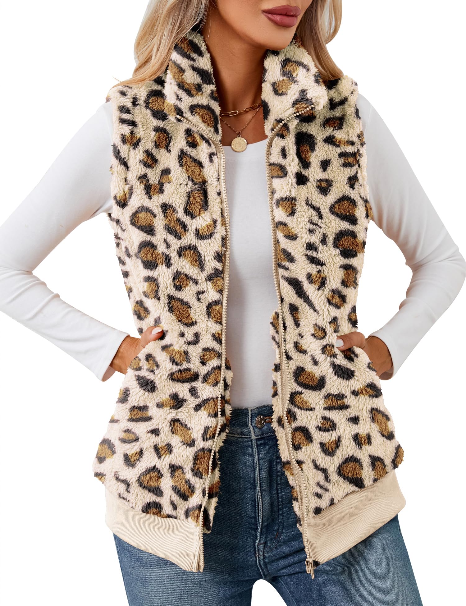 LOMON Womens Fuzzy Fleece Vest, Casual Warm Sleeveless Zip Up Sherpa Vest Jacket with Pockets for Fall/Winter