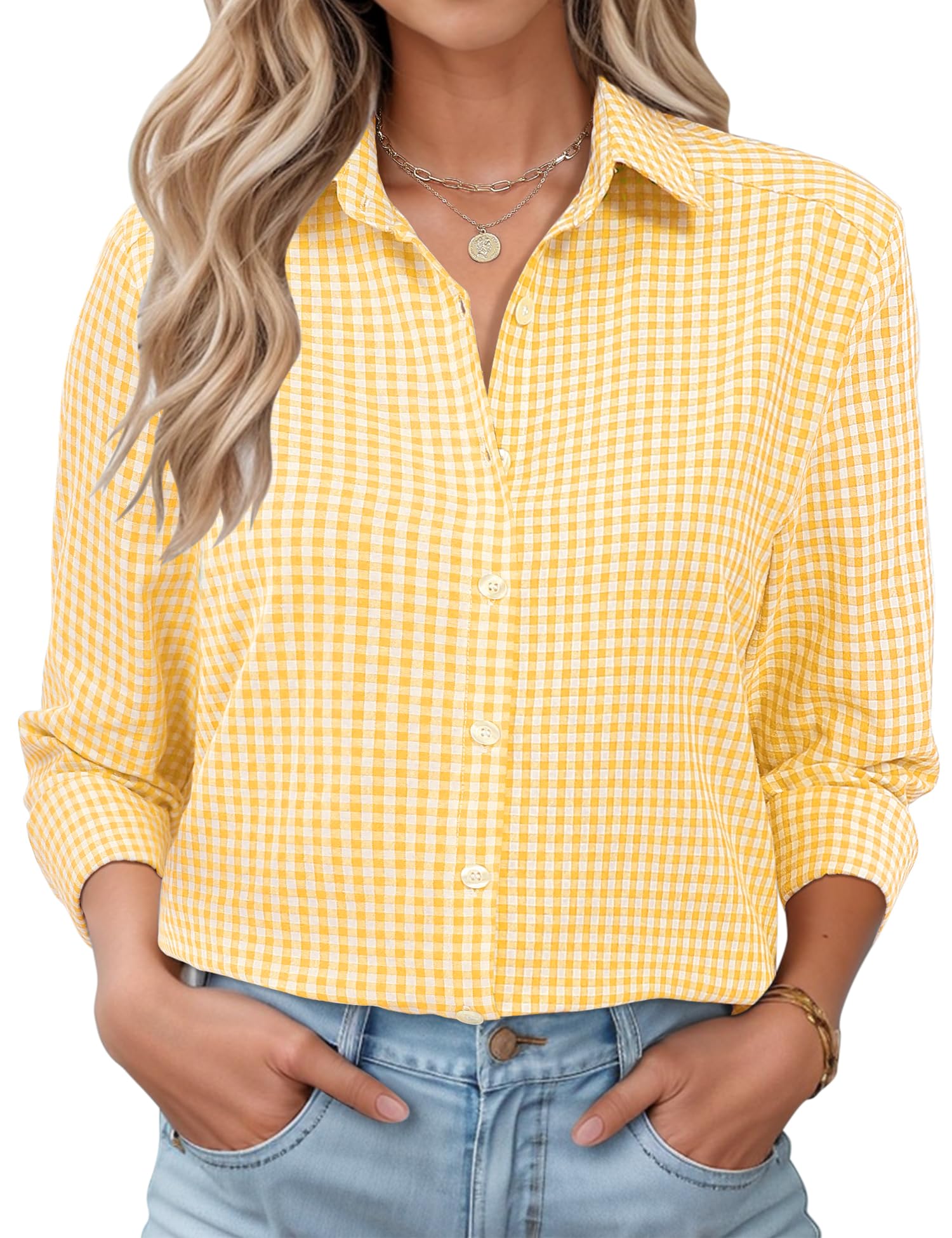 LOMON Womens Long Sleeve Button Down Shirts Casual Loose Fit Cotton Collared Blouses