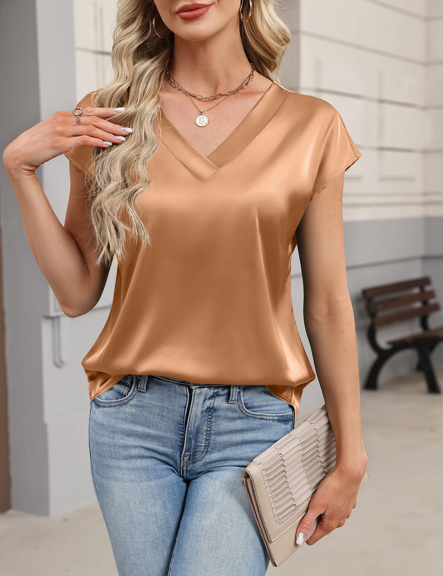 LOMON Women Silk Satin Tops Cap Short Sleeve Blouse V Neck Shirts Business Casual Outfits