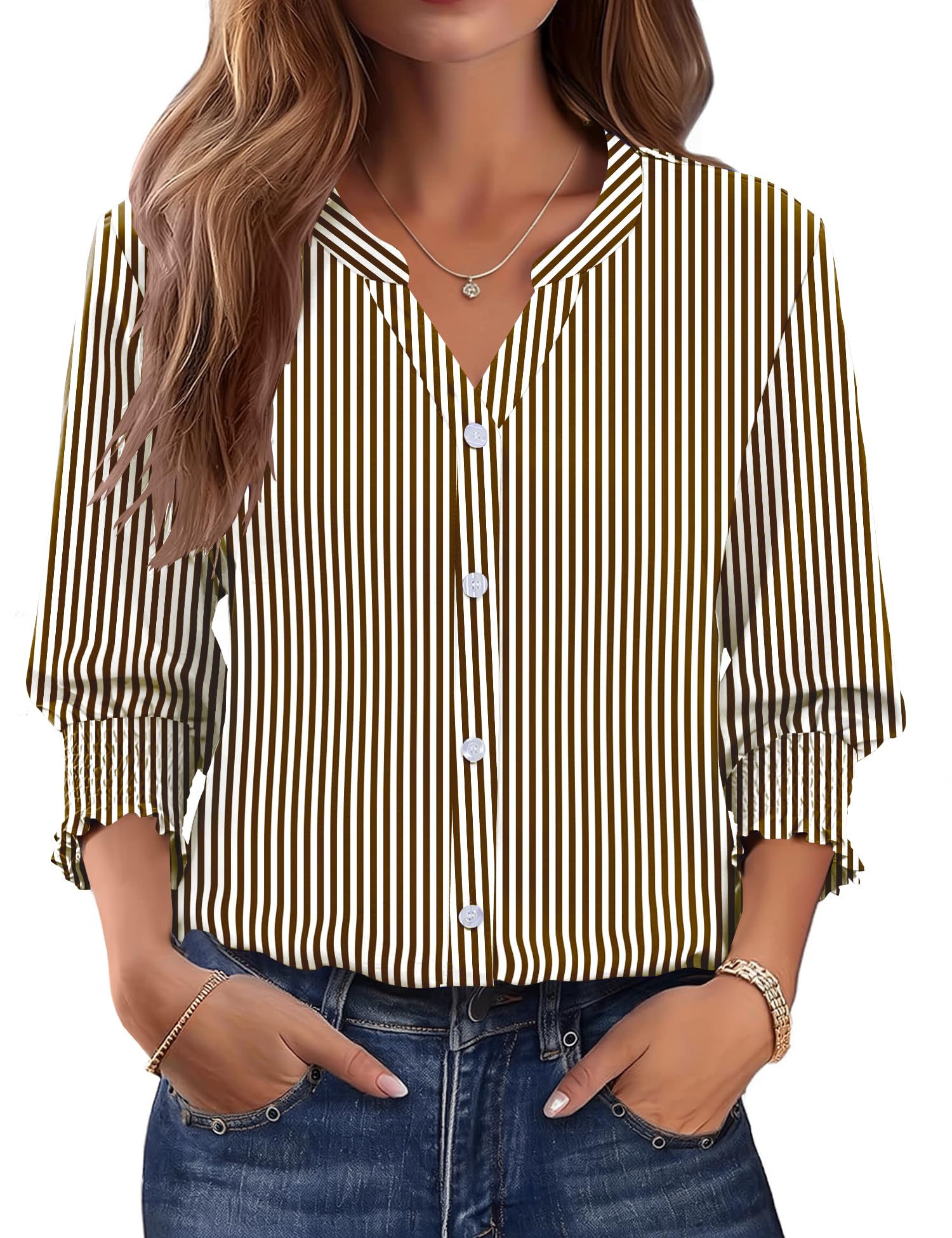 LOMON Button Down Shirts for Women 3/4 Length Sleeve Business Casual Blouses 2026 Summer Tops