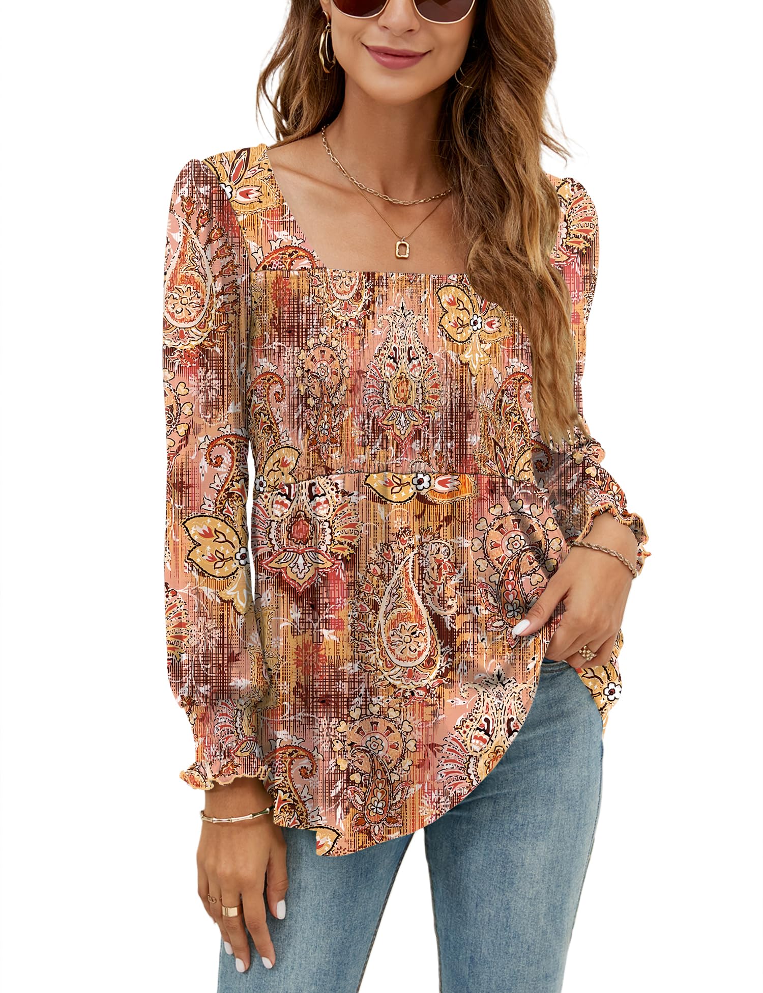 LOMON Blouses for Women Puff Long Sleeve Shirts Square Neck Casual Smocked Tunic Tops 2024 Spring Fall Winter Clothes S-XL