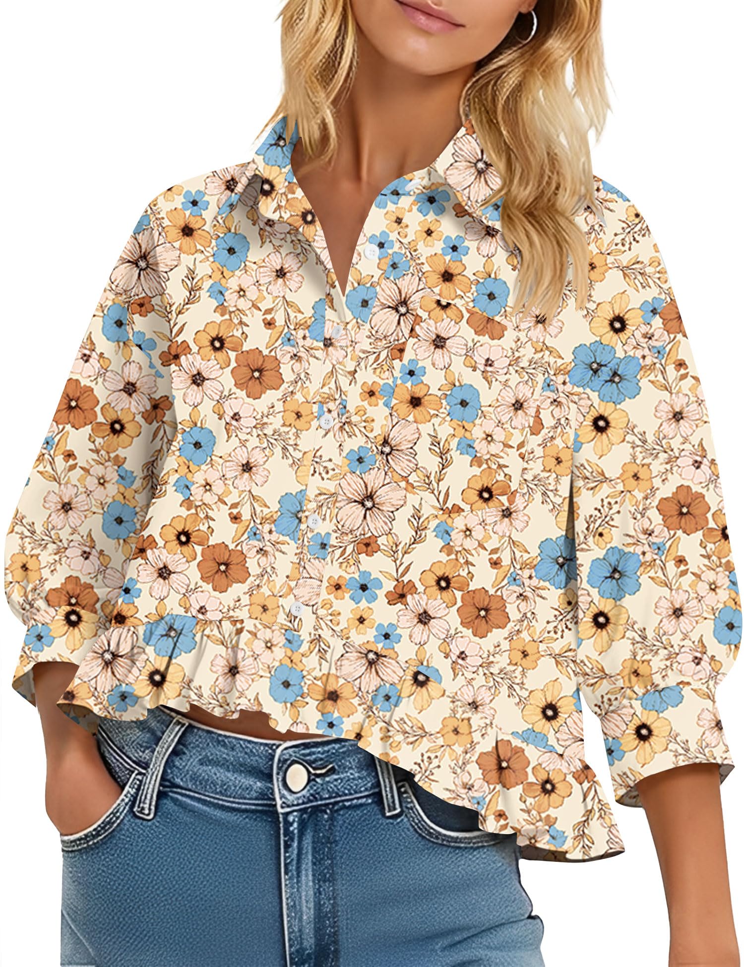 LOMON Womens 3/4 Sleeve Button Down Tops Dressy Casual Collared Shirts Blouses Ruffle Babydoll Tops Loose Fit