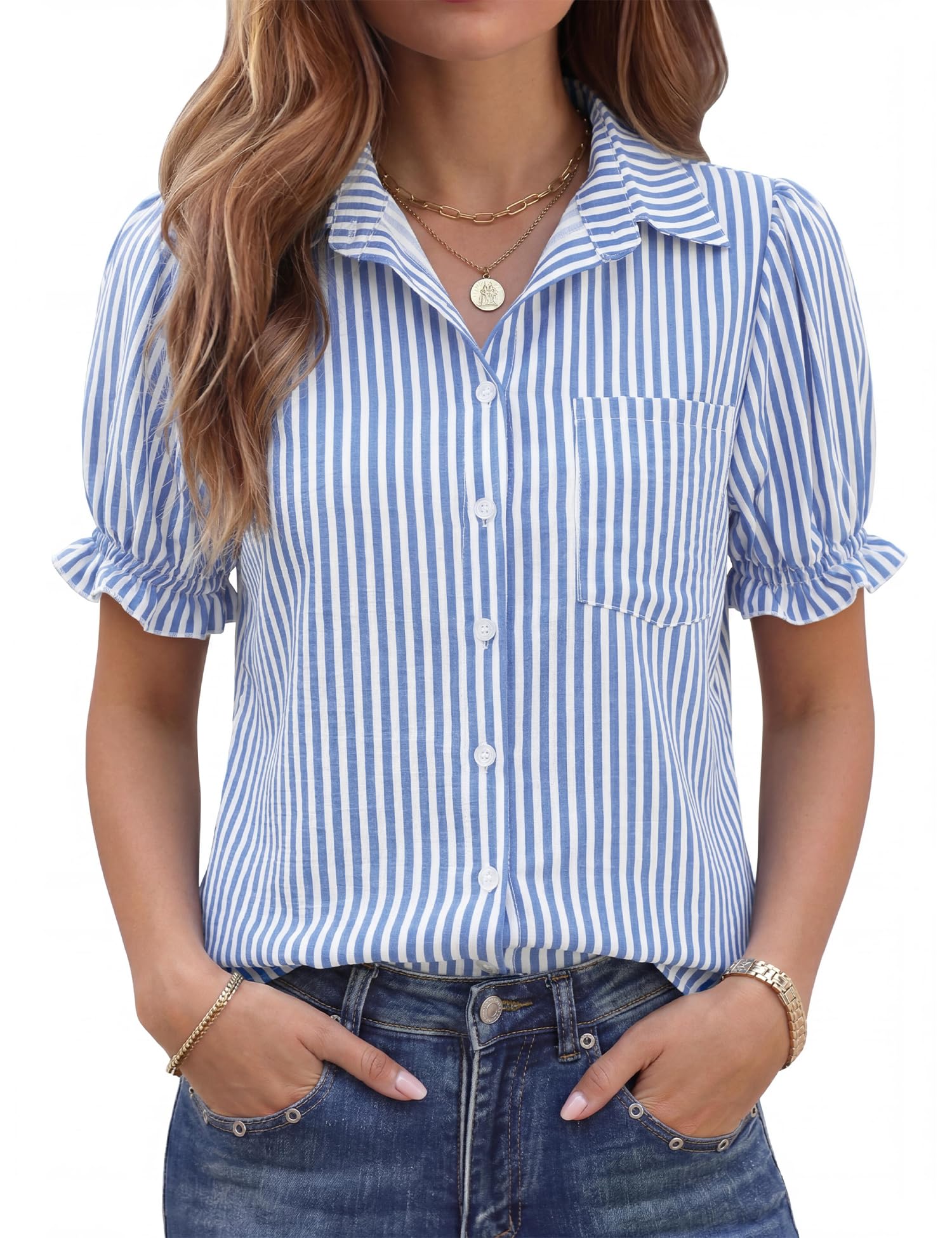LOMON Linen Shirts for Women Puff Sleeve Button Down Summer Casual Cotton Linen Blouses Collared Work Tops Dressy
