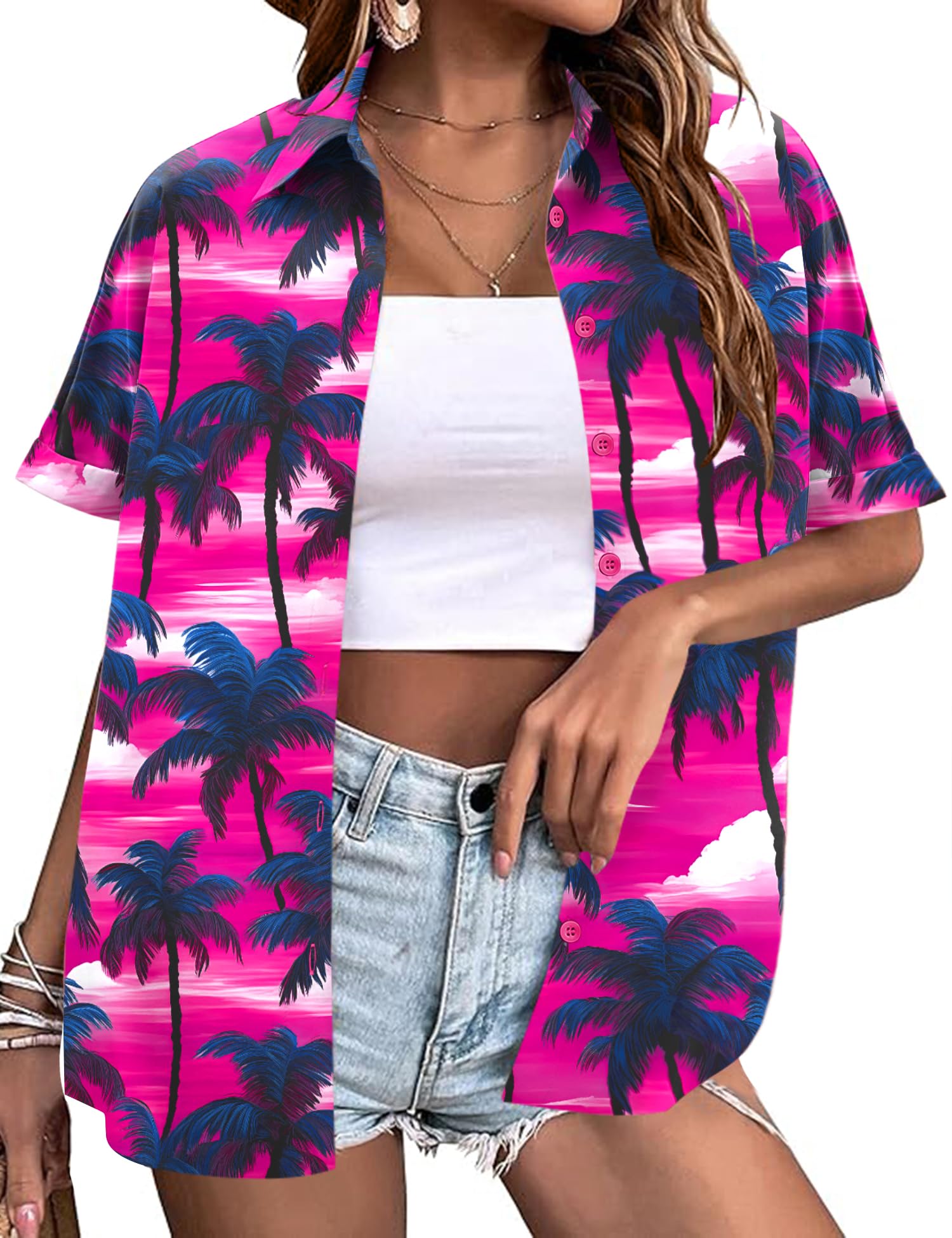 LOMON Women's Summer Hawaiian Shirts Floral Short Sleeve Button Down Shirts Hawaii Tropical Beach Tops Outfits
