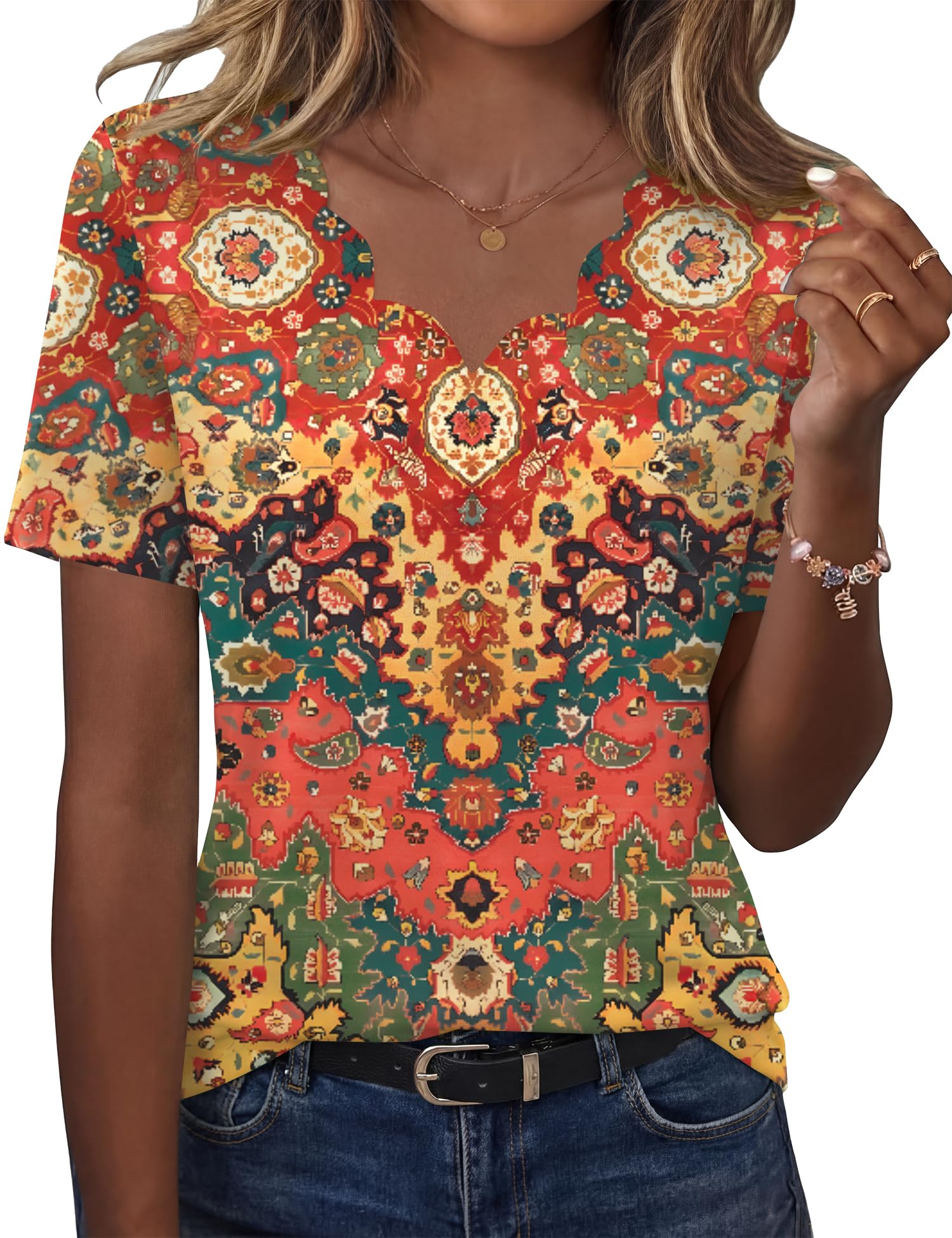 LOMON Womens Summer Tops V Neck Short Sleeve Shirts Dressy Casual Tunic Blouses Spring Fashion