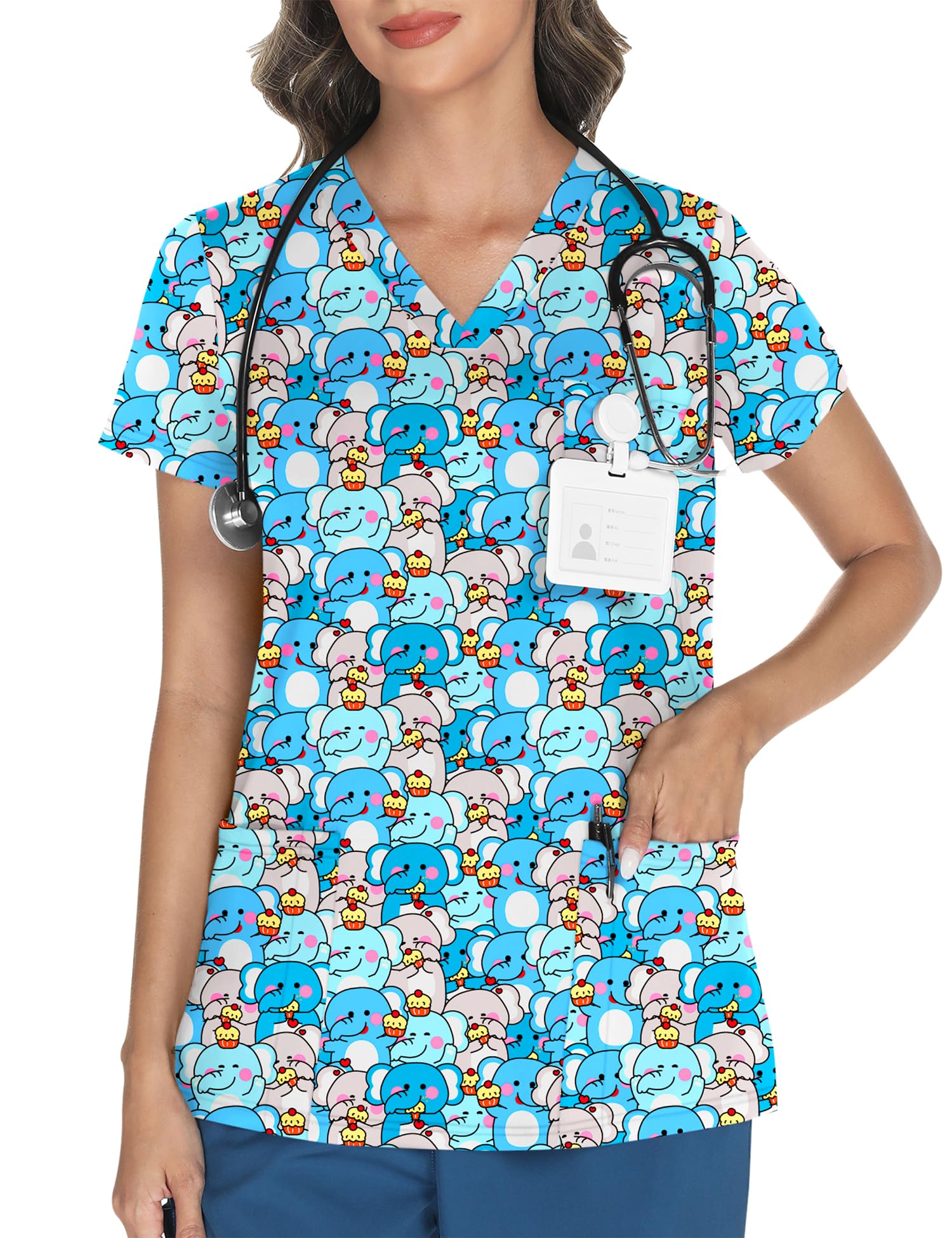 LOMON Women's V Neck Printed Scrub Top with 3 Pockets
