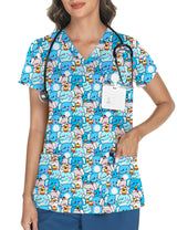 LOMON Women's V Neck Printed Scrub Top with 3 Pockets