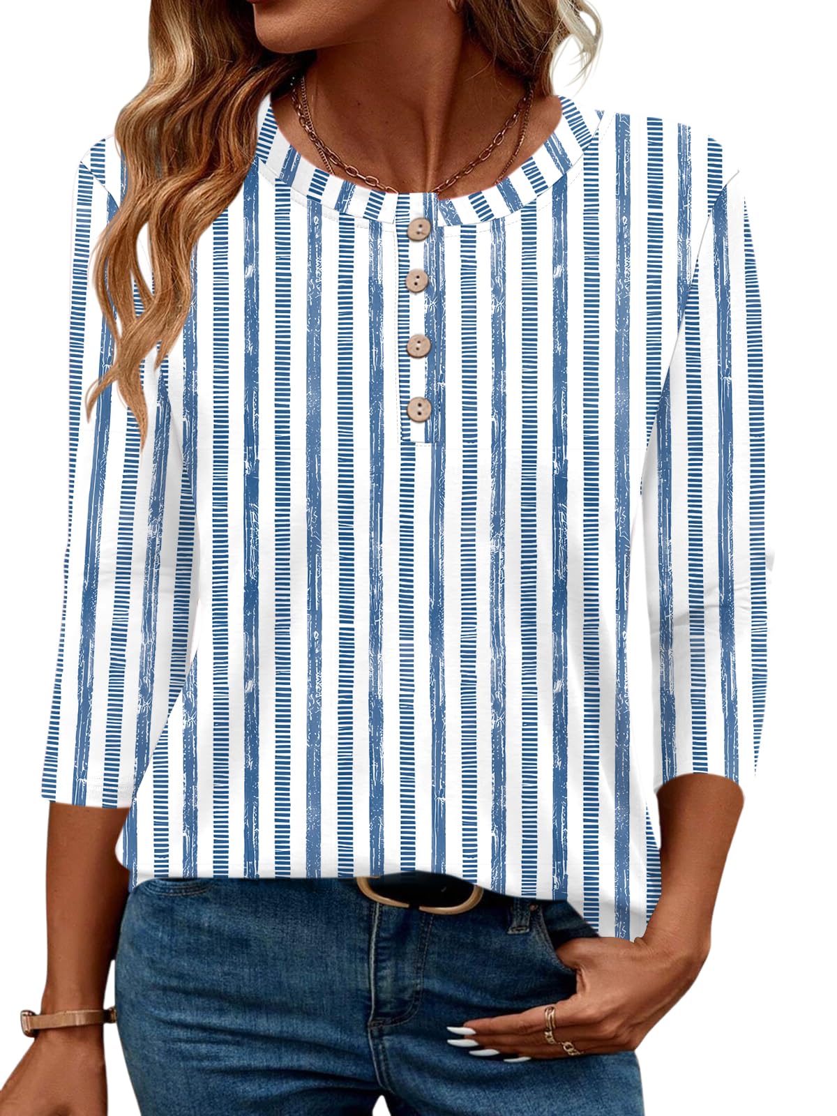 LOMON 3/4 Length Sleeve Womens Tops Dressy Casual Crewneck Pullover Tunics Summer Cute Blouses Fashion 2025 Tees Shirts