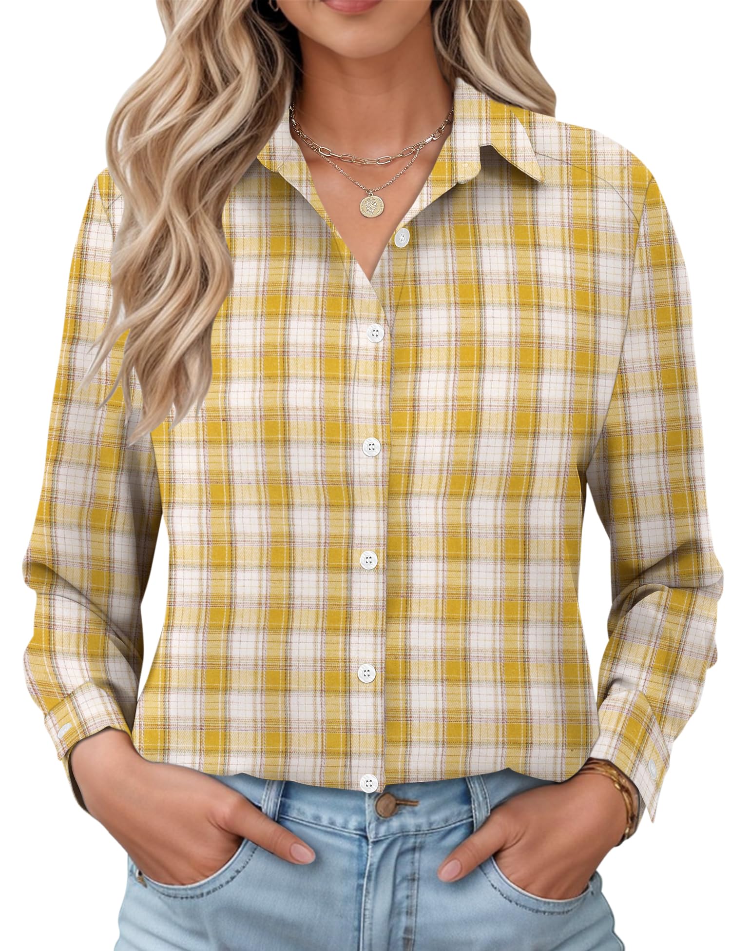 LOMON Womens Long Sleeve Button Down Shirts Casual Loose Fit Cotton Collared Blouses
