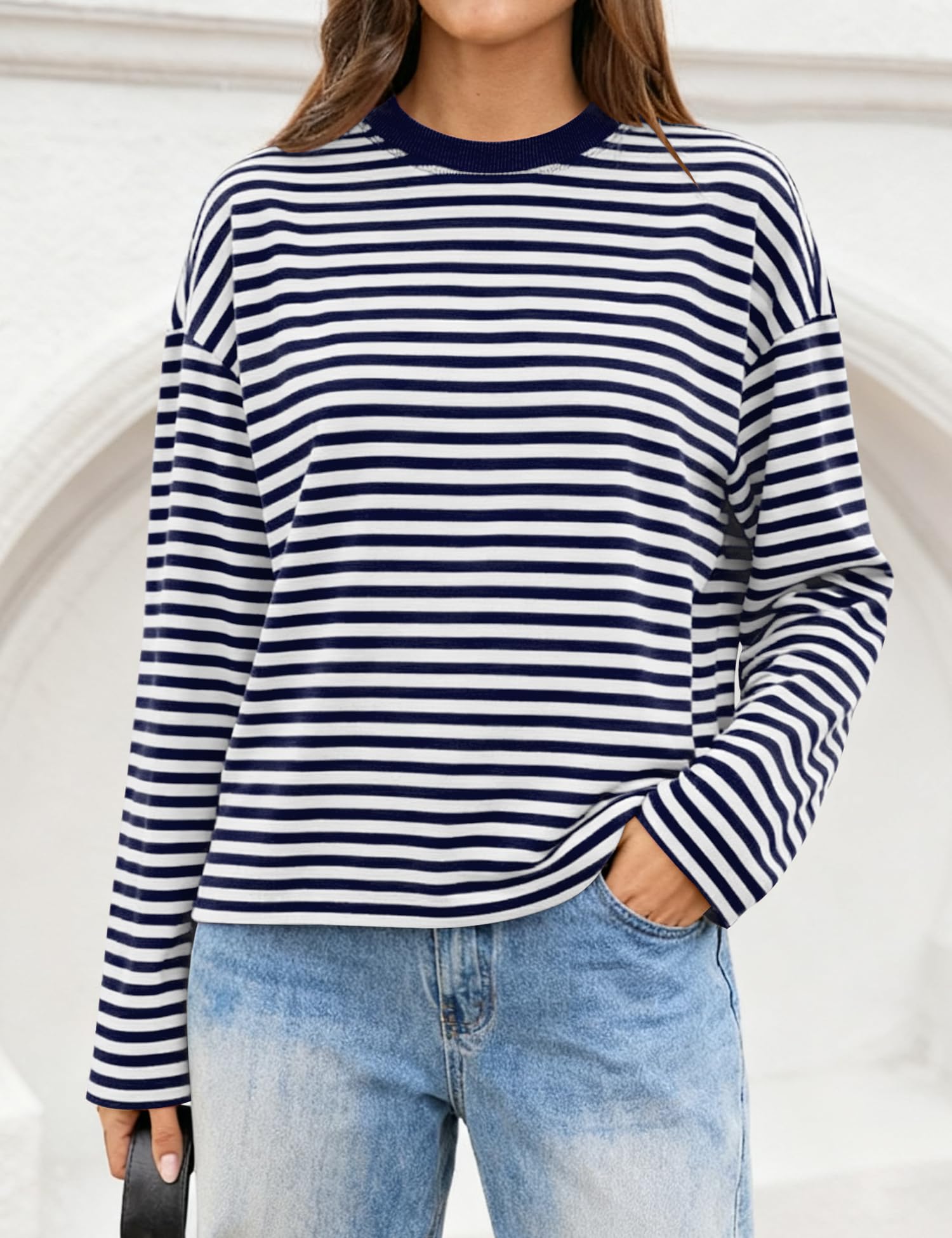 LOMON Striped Long Sleeve Shirt Women Y2k Oversized Crewneck Fall Spring Drop Shoulder Vintage Tops Teen Girl Clothes