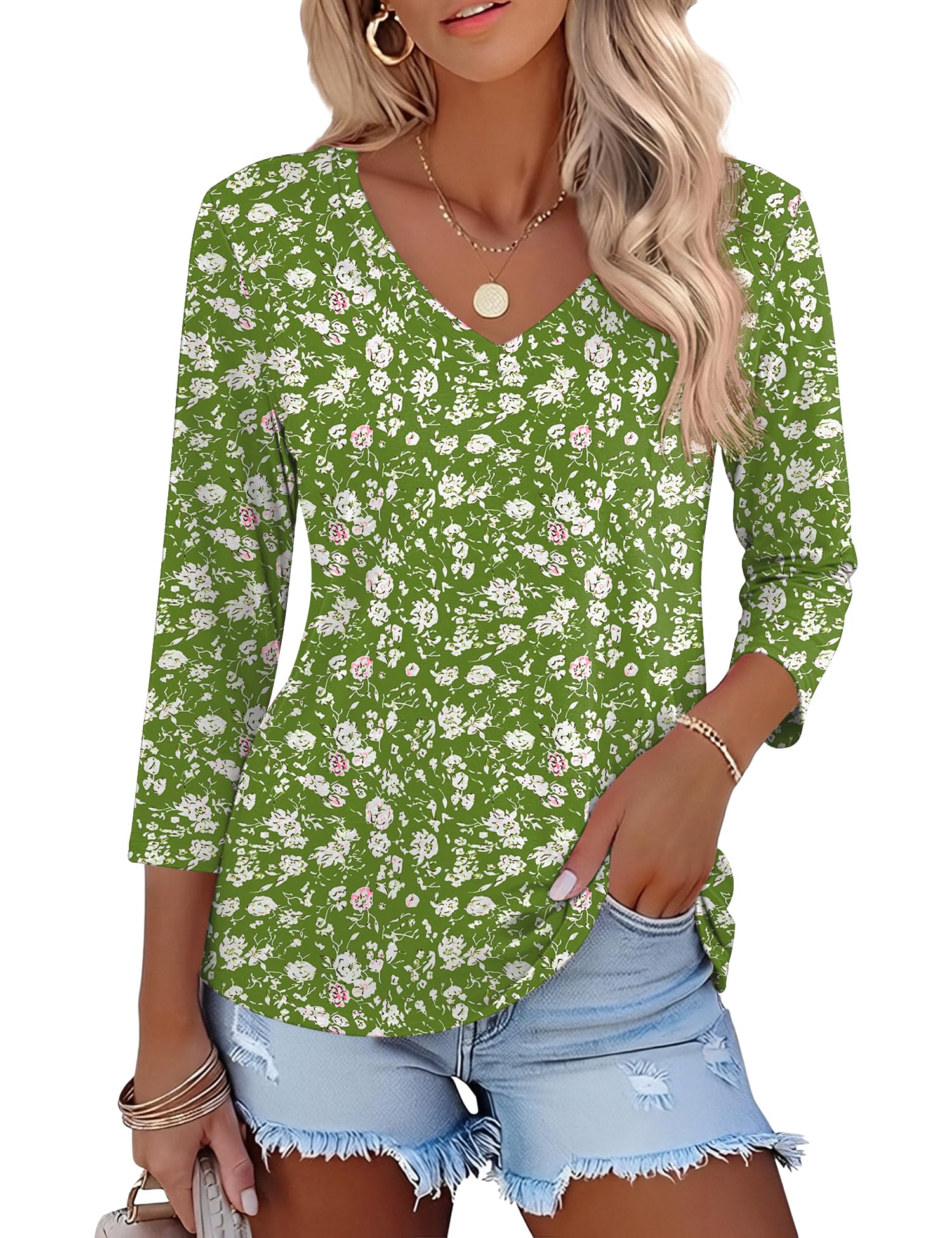 Lomon Women's V Neck T Shirts 3/4 Sleeve Blouse Summer Tops Dressy Casual Basic Tees