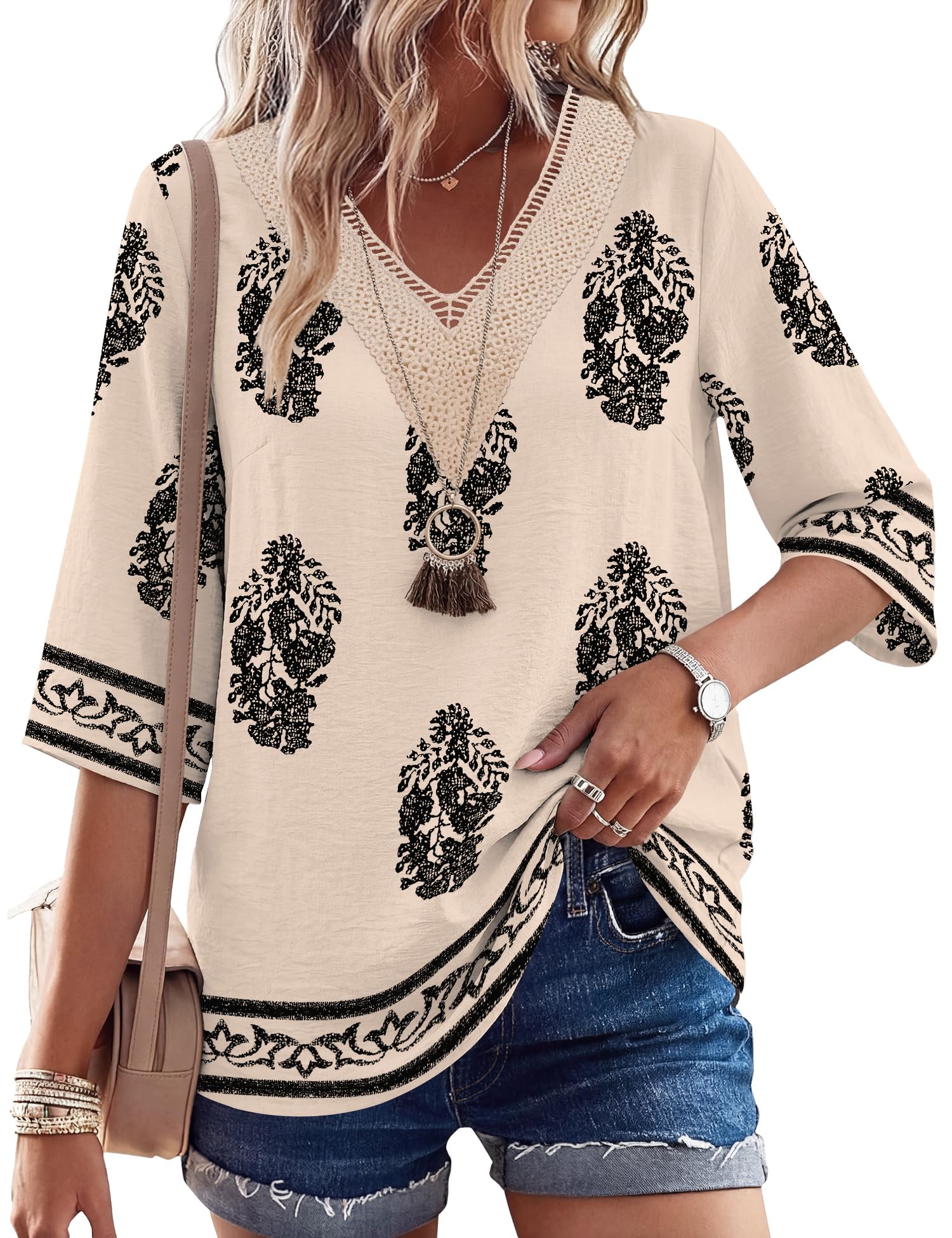 LOMON Women's 3/4 Length Sleeve Boho Tops V Neck Lace Summer Outfits Dressy Casual Flowy Shirts Vacation Clothes Blouses