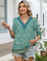 LOMON Women's 3/4 Length Sleeve Boho Tops V Neck Lace Summer Outfits Dressy Casual Flowy Shirts Vacation Clothes Blouses