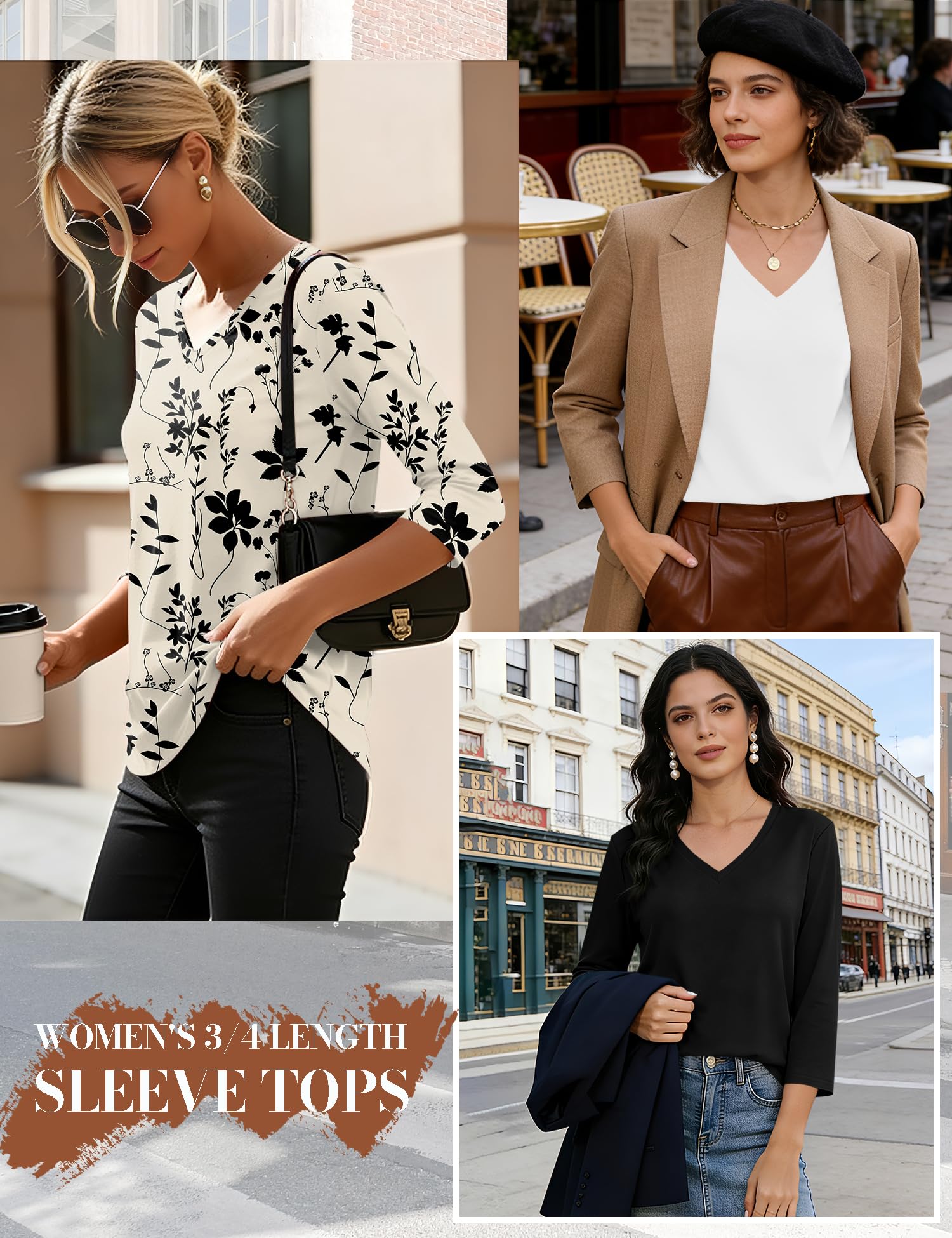 LOMON 3 Pack Tops for Women 3/4 Sleeve V Neck Basics Tees Business Casual Summer T Shirts