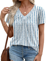 LOMON Womens Summer Tops Short Sleeve V Neck Pleated T-Shirts Loose Fit Dressy Casual Blouses S-XXL