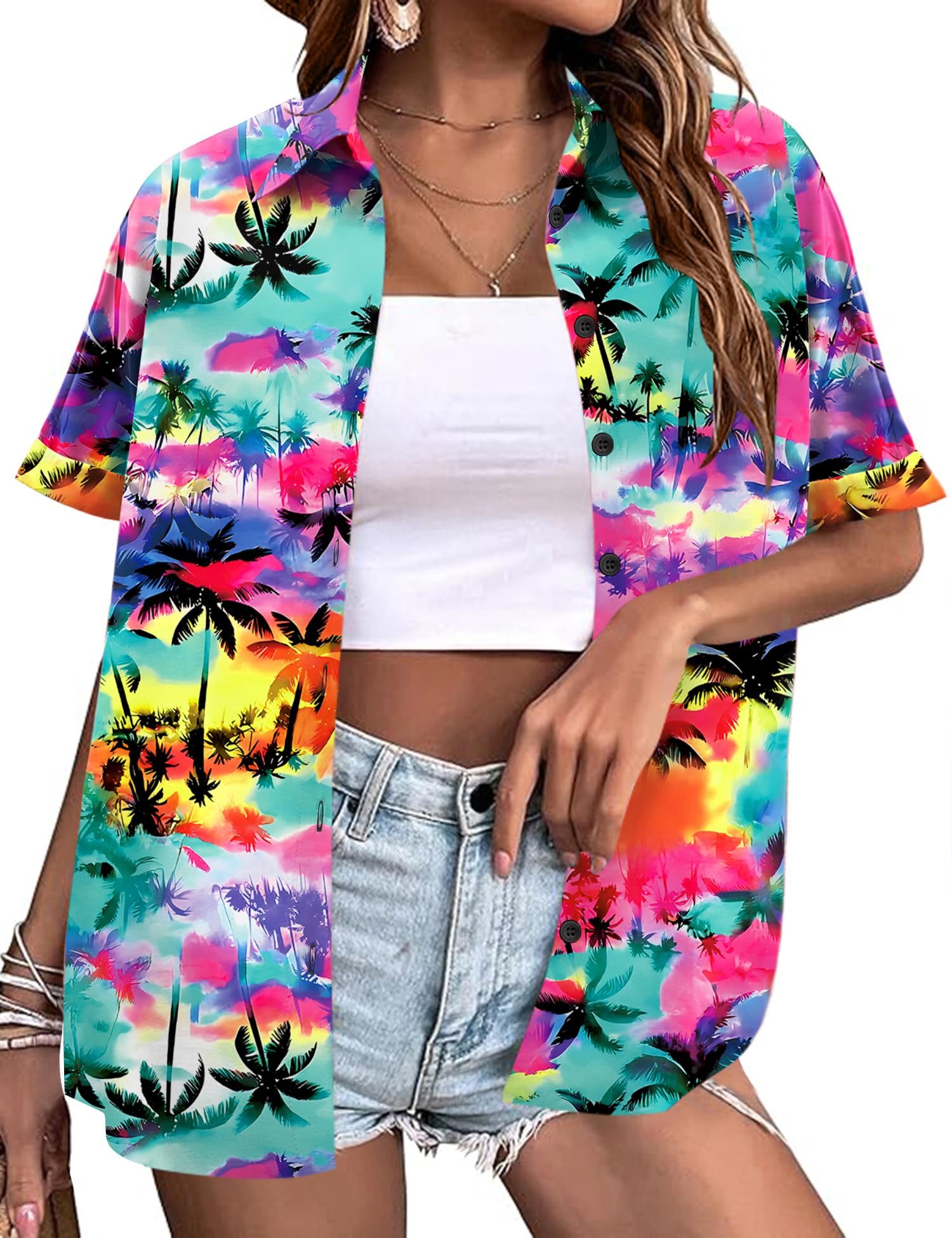 LOMON Women's Summer Hawaiian Shirts Floral Short Sleeve Button Down Shirts Hawaii Tropical Beach Tops Outfits