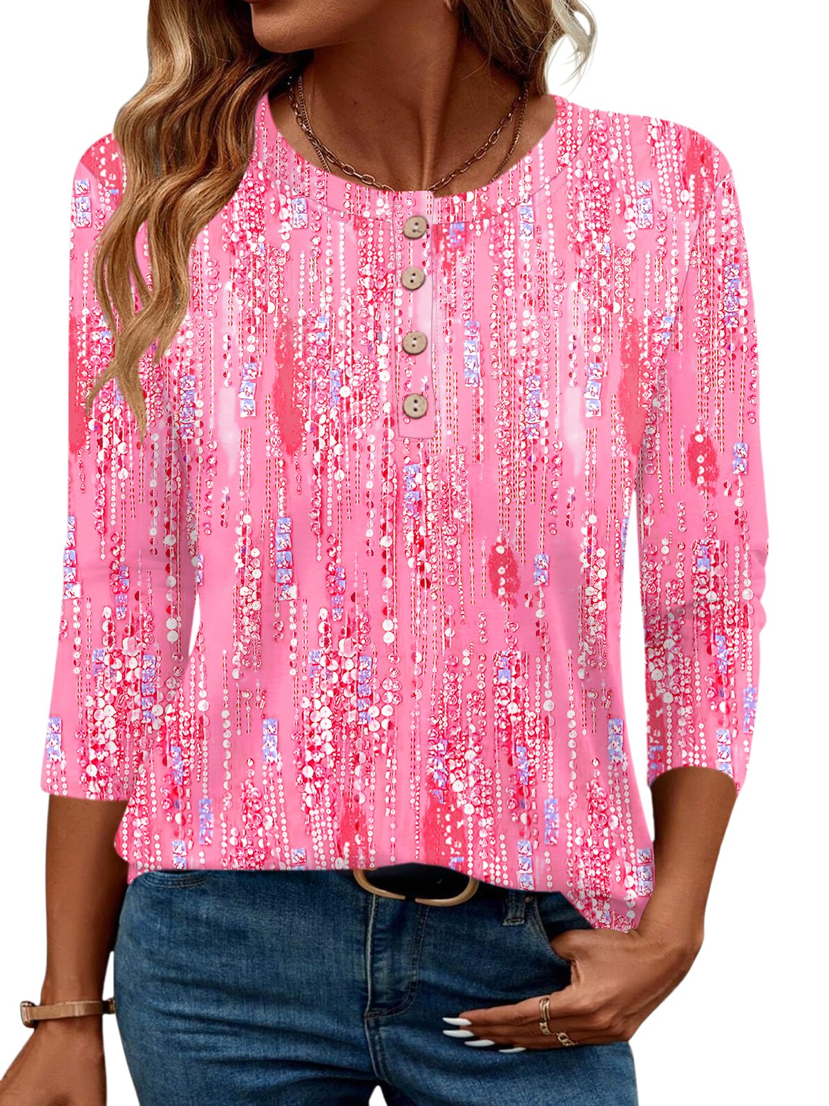 LOMON 3/4 Length Sleeve Womens Tops Dressy Casual Crewneck Pullover Tunics Summer Cute Blouses Fashion 2025 Tees Shirts