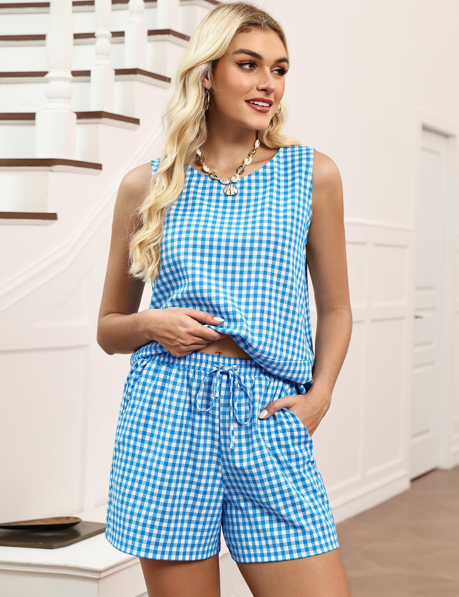 LOMON Women's Trendy 2 Piece Outfits Shorts Sets Summer Crew Neck Sleeveless Tank Top and Bottom Matching with Pockets 2026
