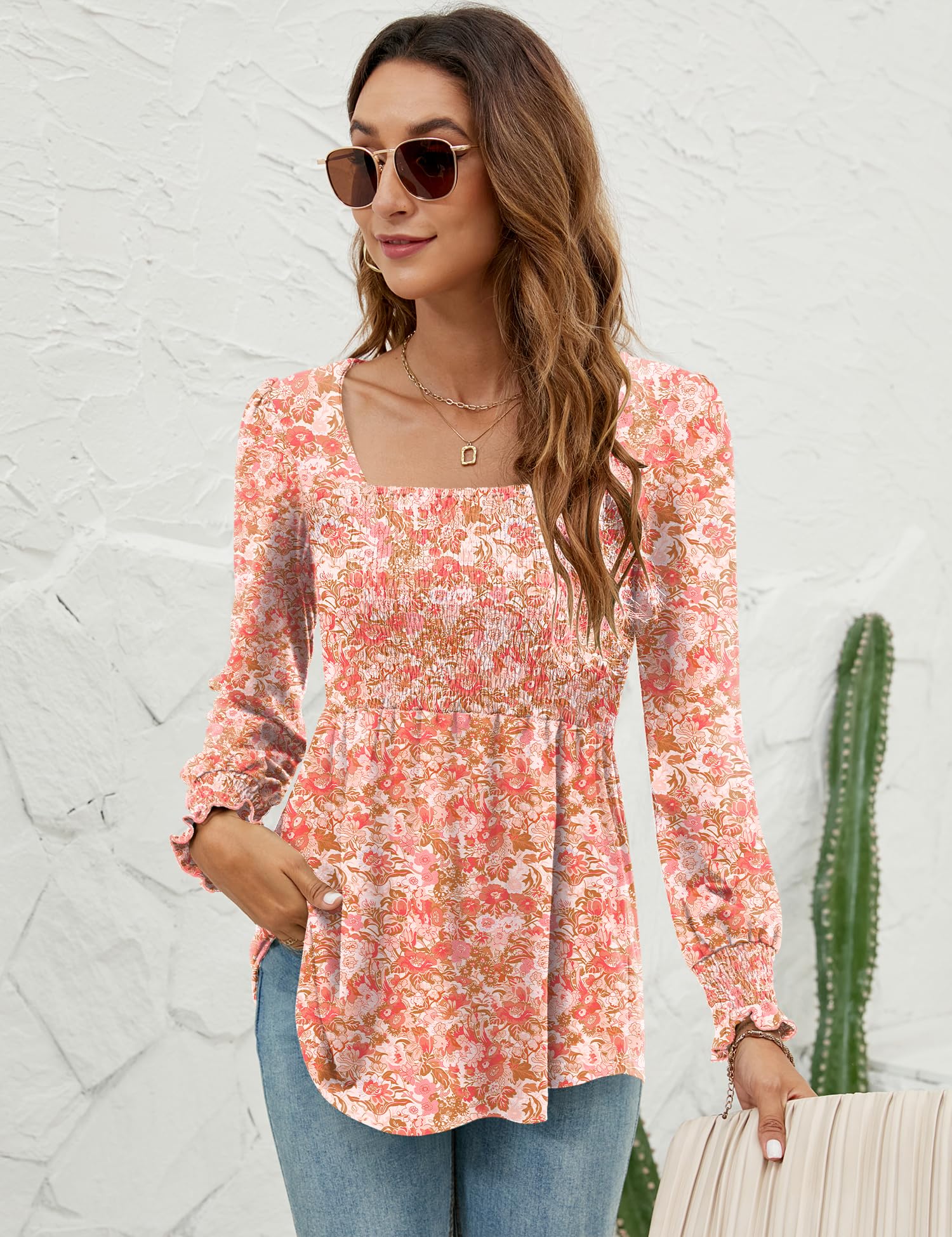 LOMON Blouses for Women Puff Long Sleeve Shirts Square Neck Casual Smocked Tunic Tops 2024 Spring Fall Winter Clothes S-XL