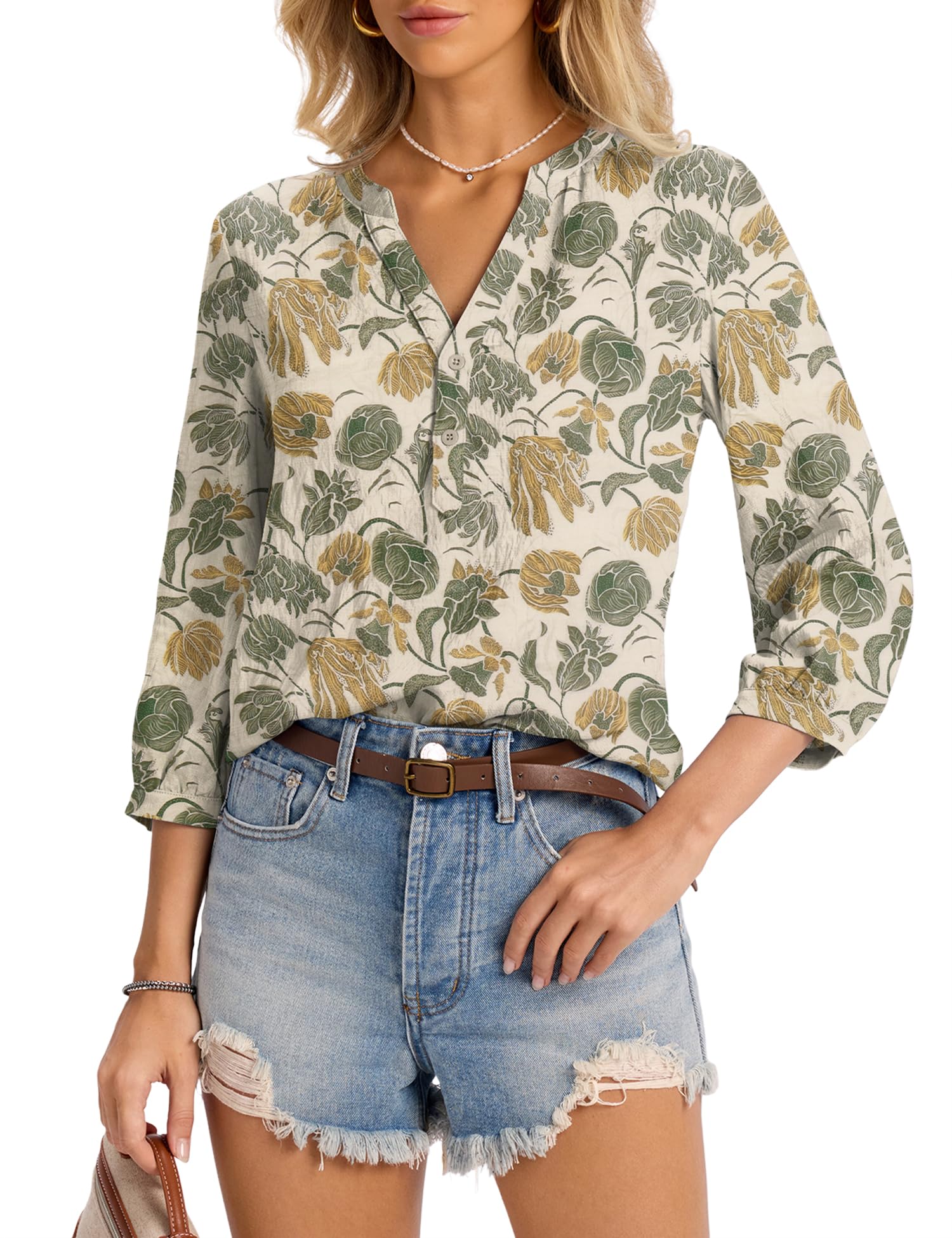 LOMON Womens Tops Dressy Summer 3/4 Length Sleeve Henley V Neck Button Down Shirts Pleated Blouses S-XXL