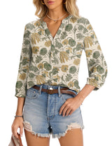 LOMON Womens Tops Dressy Summer 3/4 Length Sleeve Henley V Neck Button Down Shirts Pleated Blouses S-XXL
