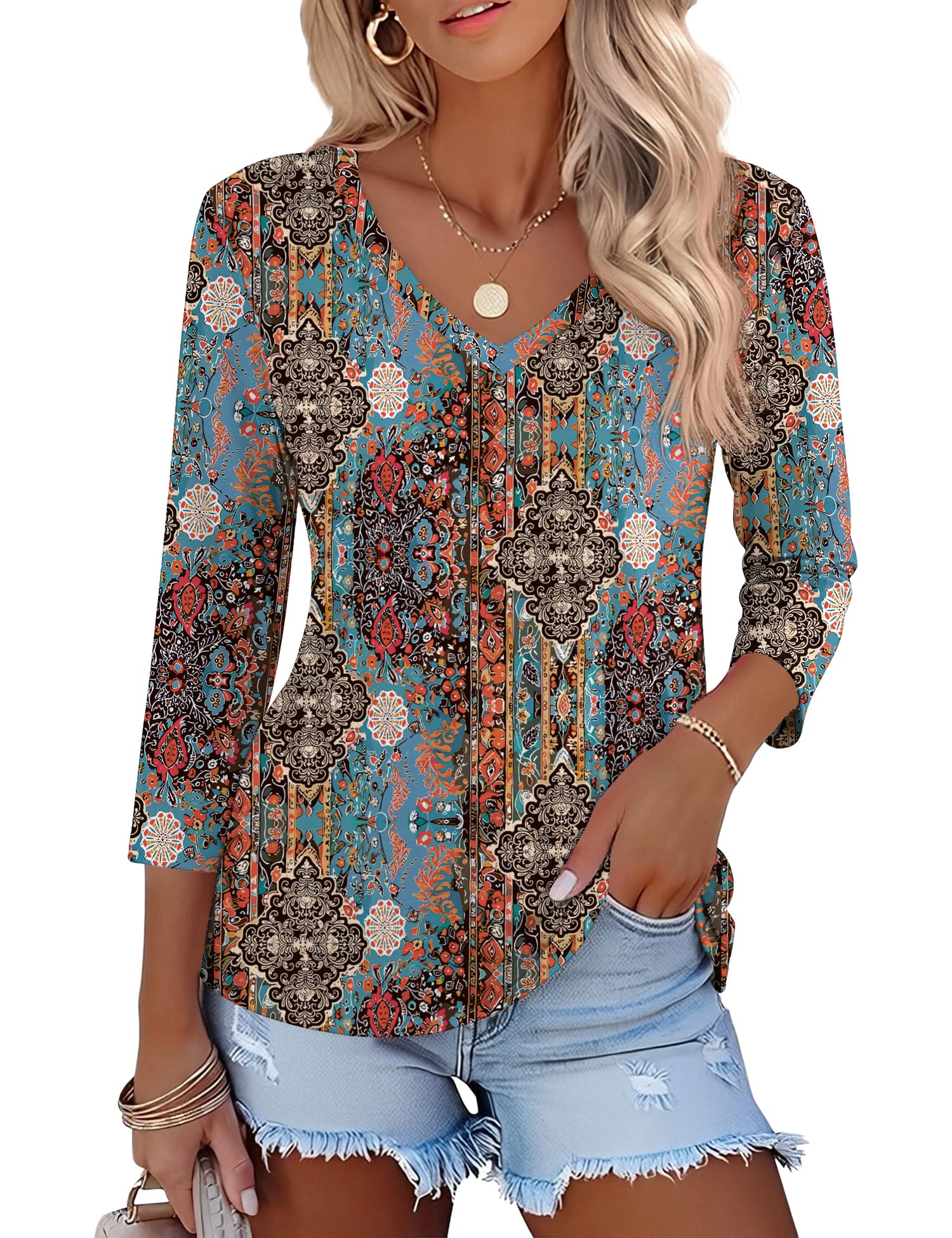 Lomon Women's V Neck T Shirts 3/4 Sleeve Blouse Summer Tops Dressy Casual Basic Tees
