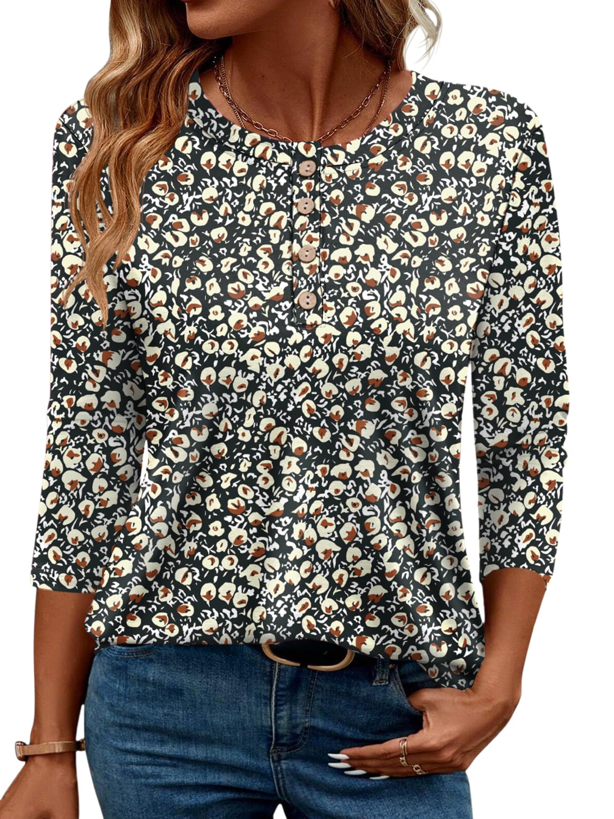 LOMON 3/4 Length Sleeve Womens Tops Dressy Casual Crewneck Pullover Tunics Summer Cute Blouses Fashion 2025 Tees Shirts