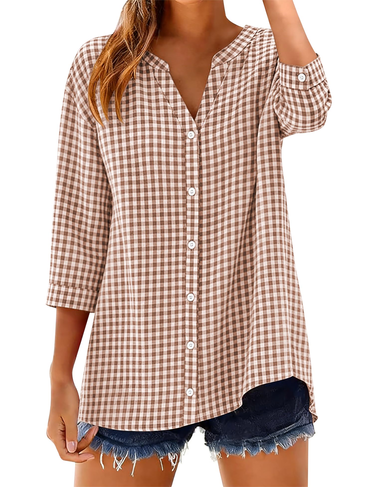 LOMON Cotton 3/4 Sleeve Button Down Shirts for Women Gingham Plaid Striped Tops V Neck Casual Loose Blouse