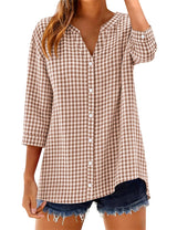 LOMON Cotton 3/4 Sleeve Button Down Shirts for Women Gingham Plaid Striped Tops V Neck Casual Loose Blouse