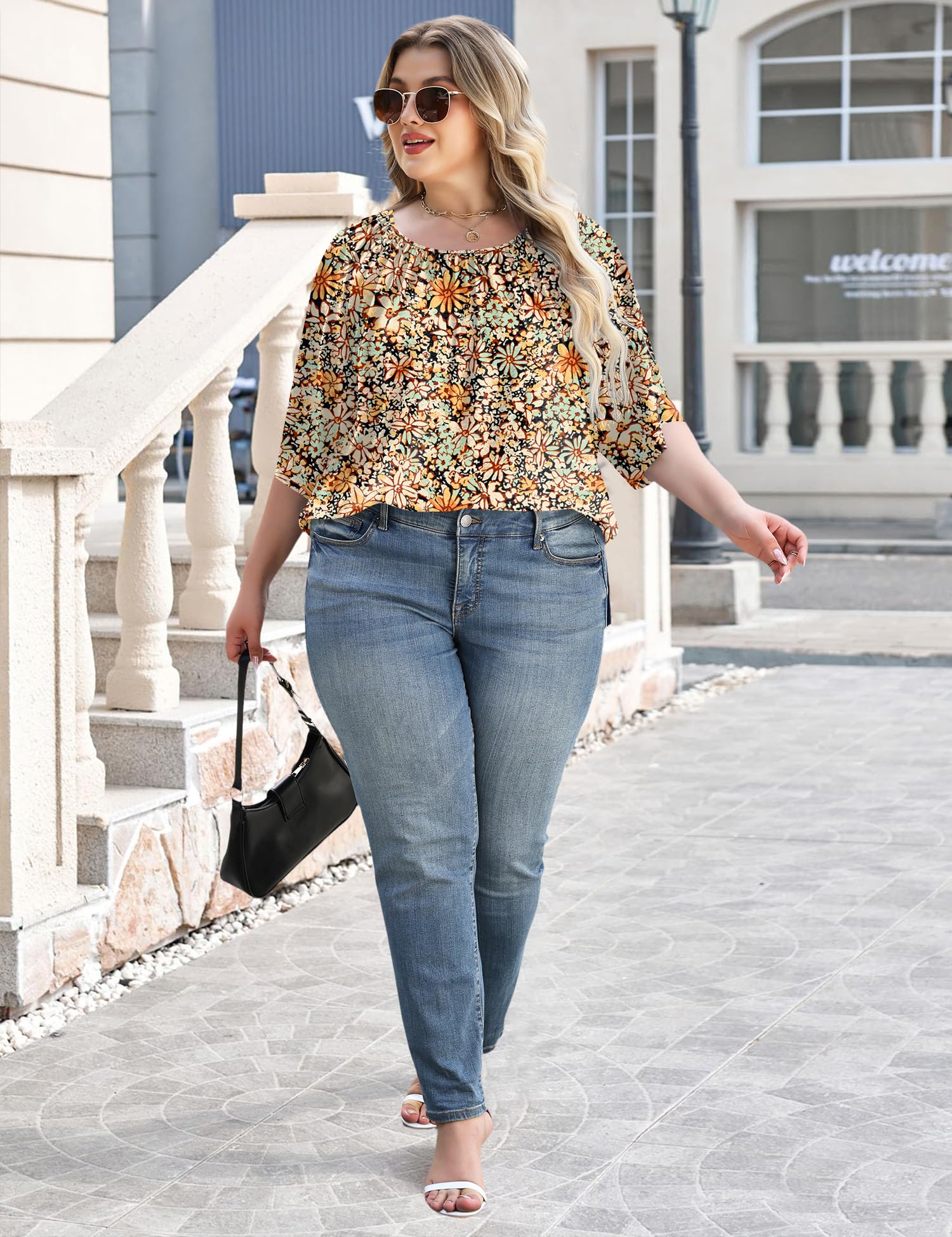 LOMON Womens Plus Size Tops Summer 3/4 Length Sleeve Crewneck Blouses Dressy Casual Loose Curvy Flowy Tunic Shirts 1X-5X
