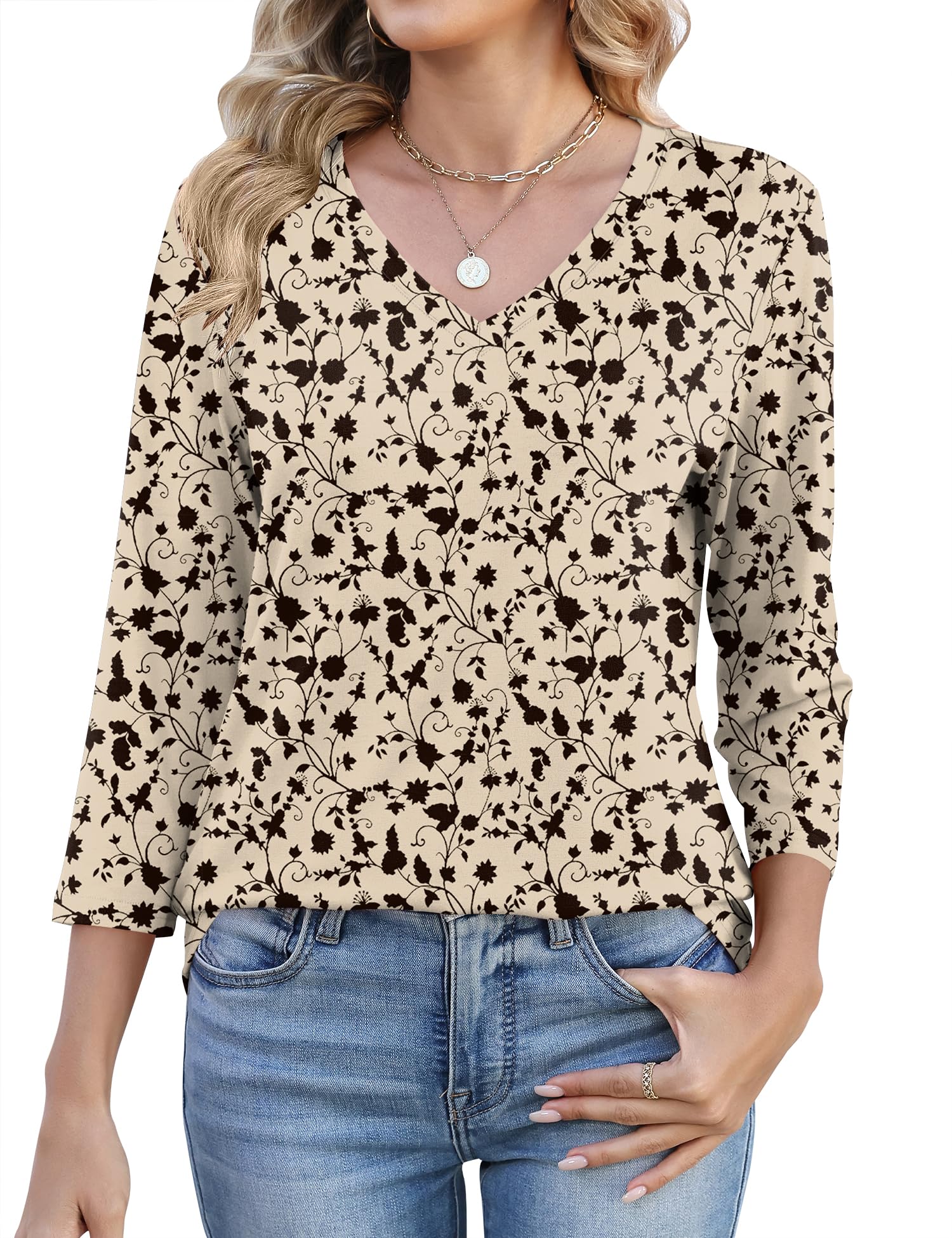 Lomon Women's V Neck T Shirts 3/4 Sleeve Blouse Summer Tops Dressy Casual Basic Tees