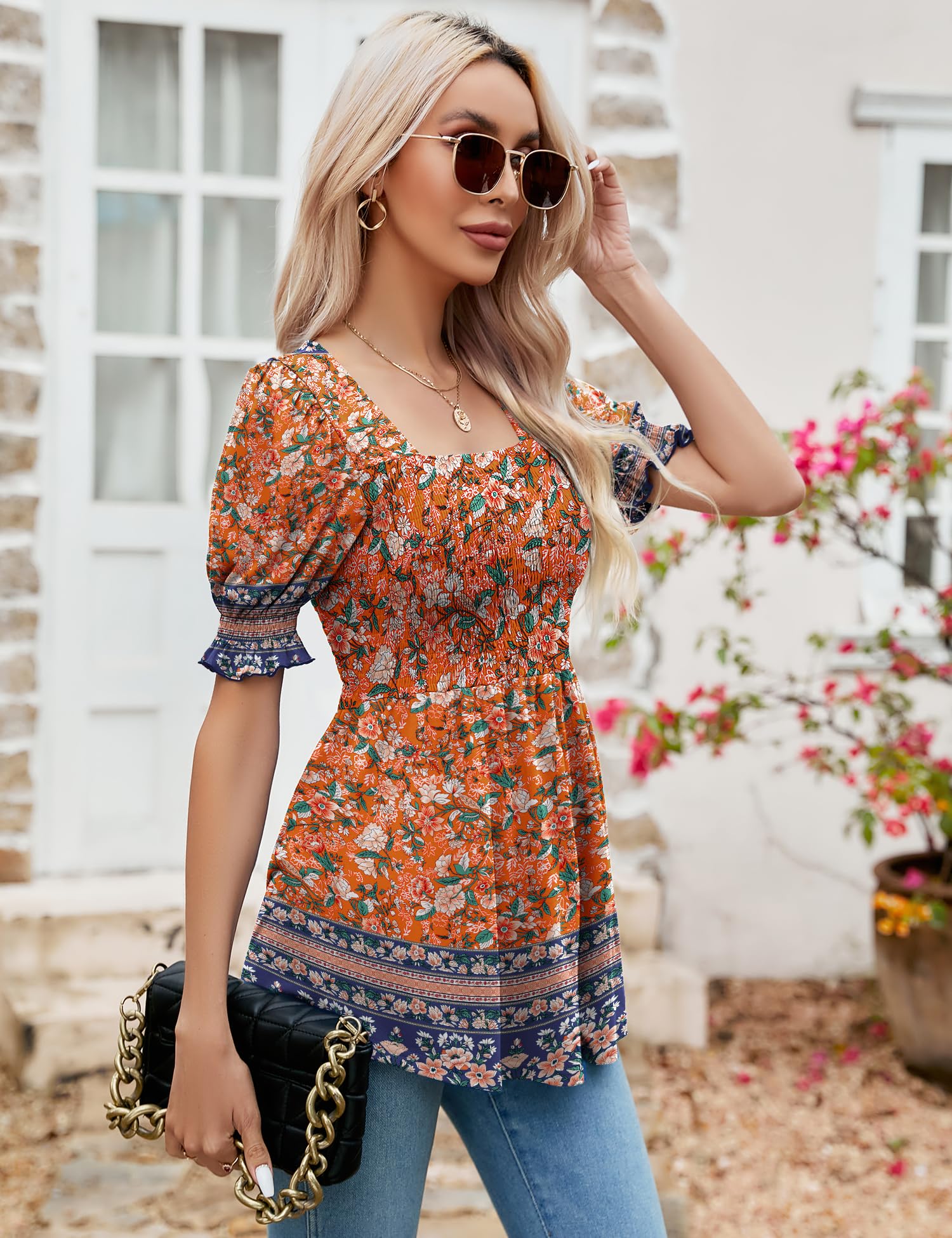 LOMON Women's Tunics Square Neck Puff Short Sleeve Smocked Top Ladies Peplum Blouse Tee Shirts 2025 Spring Summer S-XL