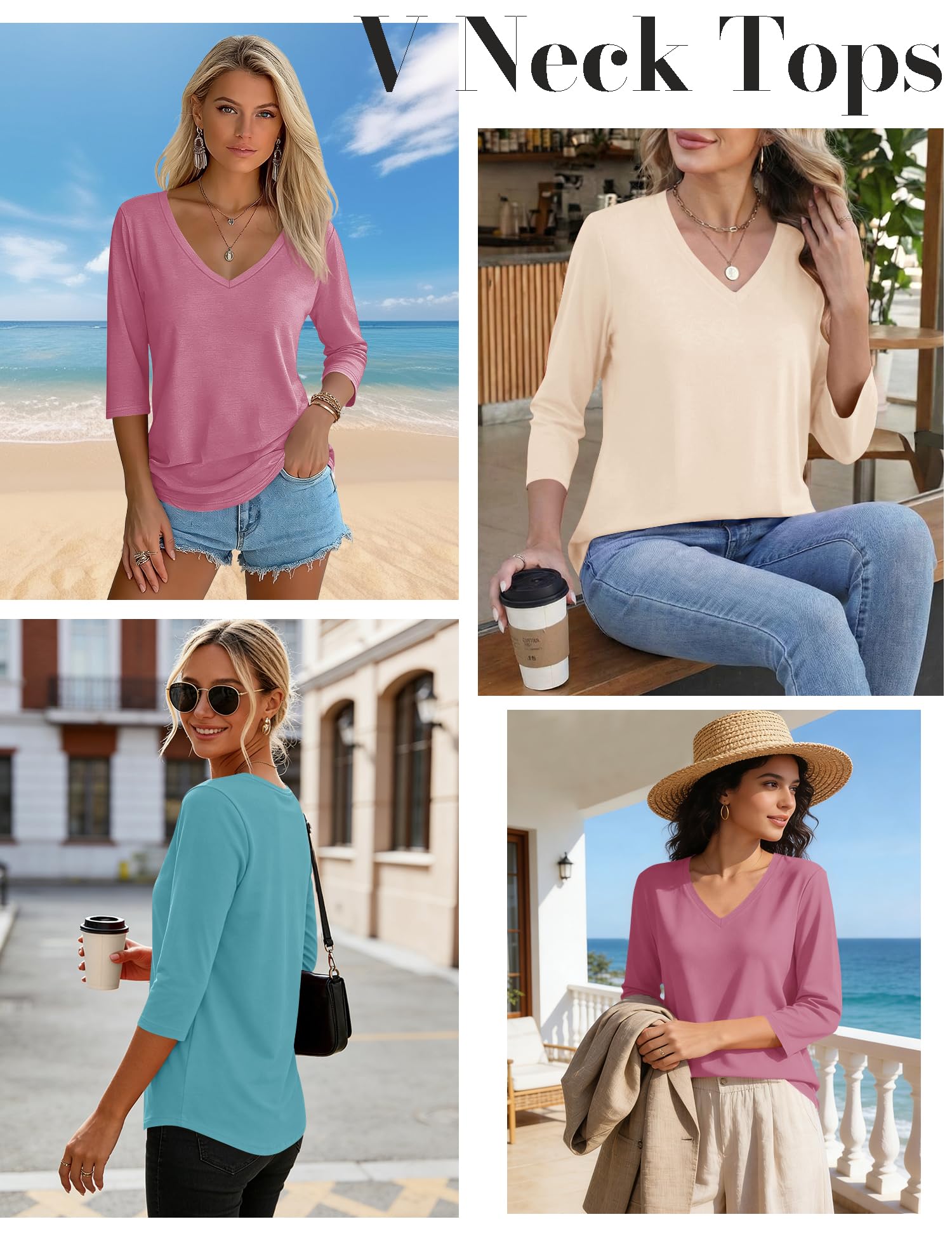 LOMON 3 Pack Tops for Women 3/4 Sleeve V Neck Basics Tees Business Casual Summer T Shirts