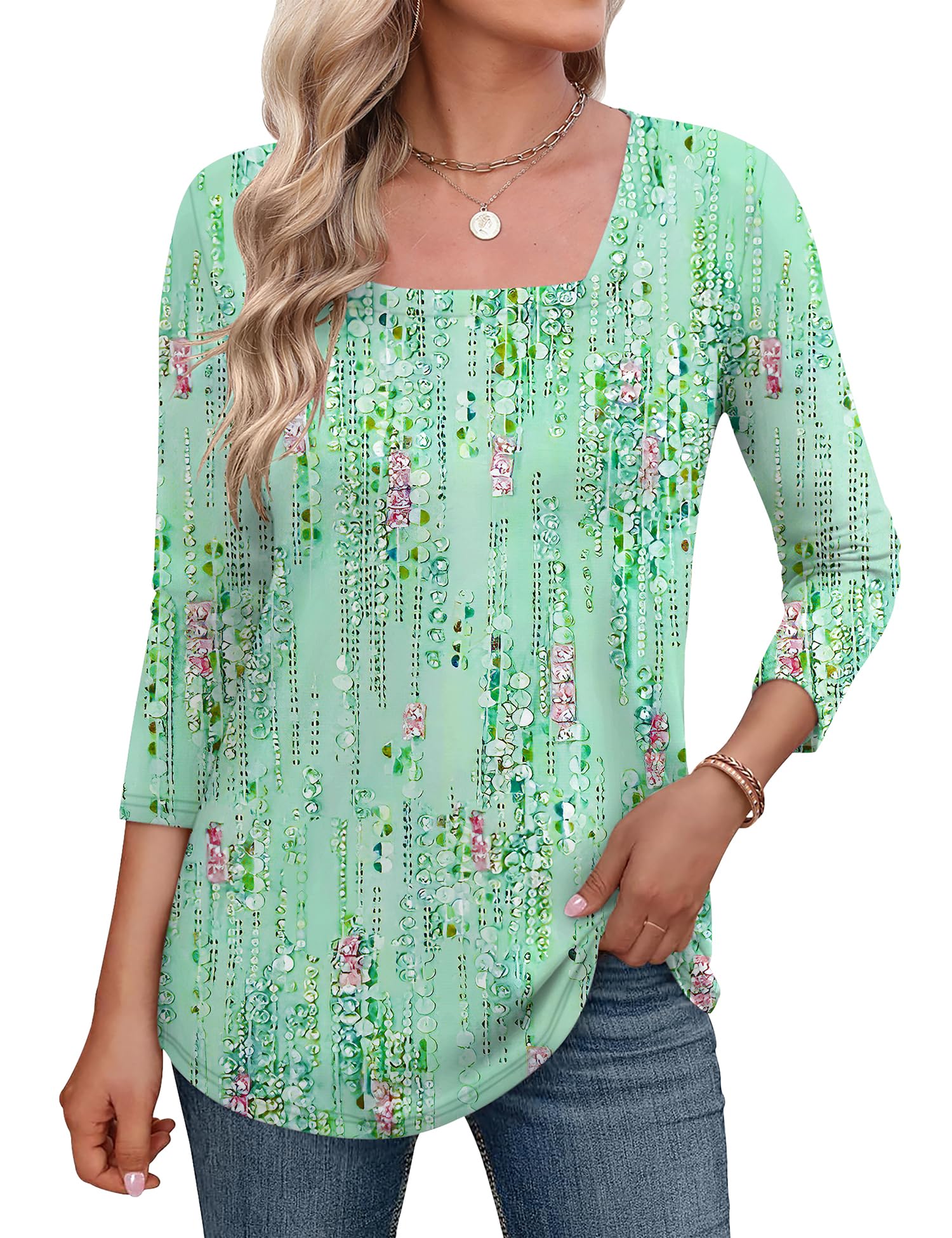LOMON Women's 3/4 Sleeve Shirts Square Neck Summer Tops Dressy Casual Basic Tees Ladies T Shirts Blouses