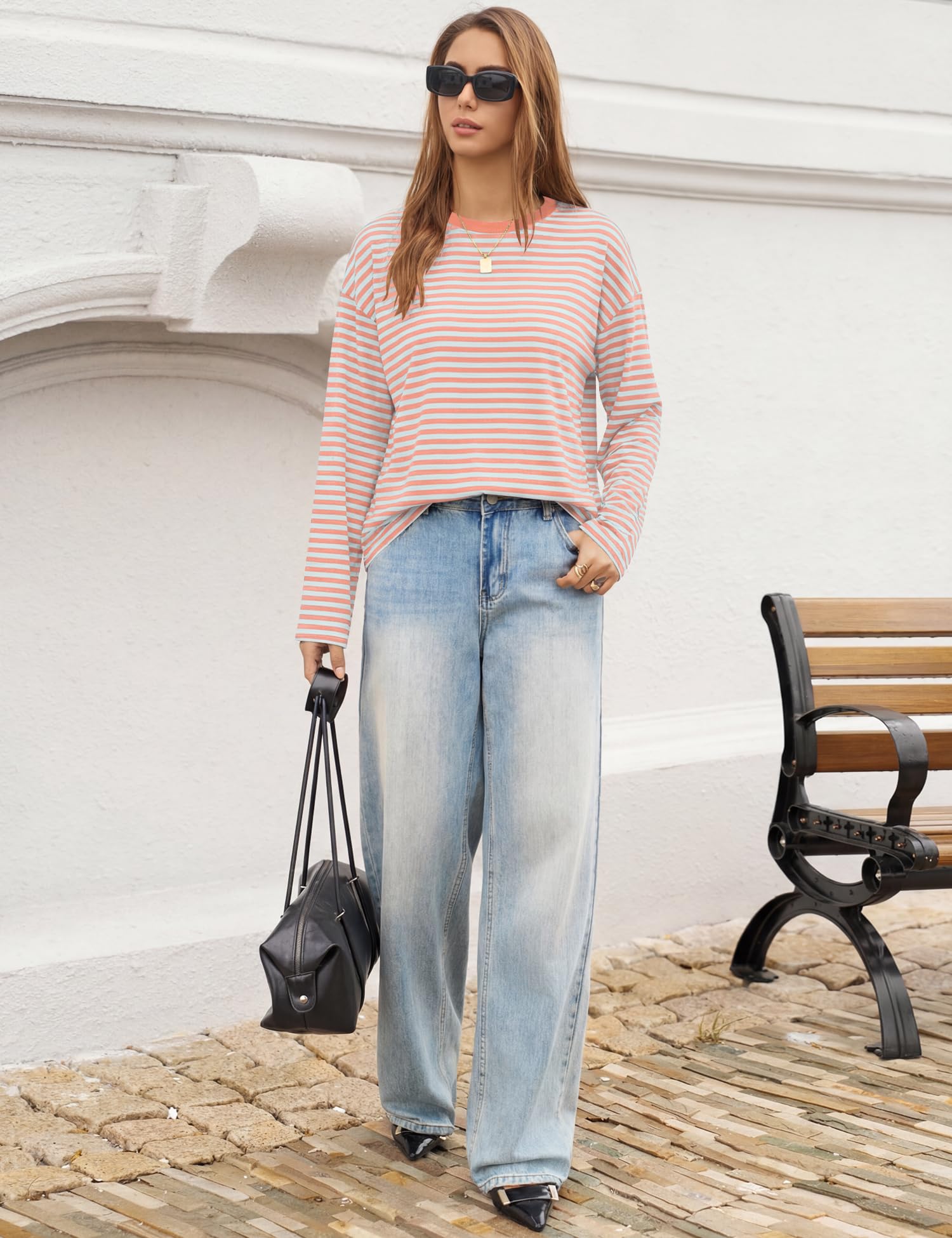 LOMON Striped Long Sleeve Shirt Women Y2k Oversized Crewneck Fall Spring Drop Shoulder Vintage Tops Teen Girl Clothes